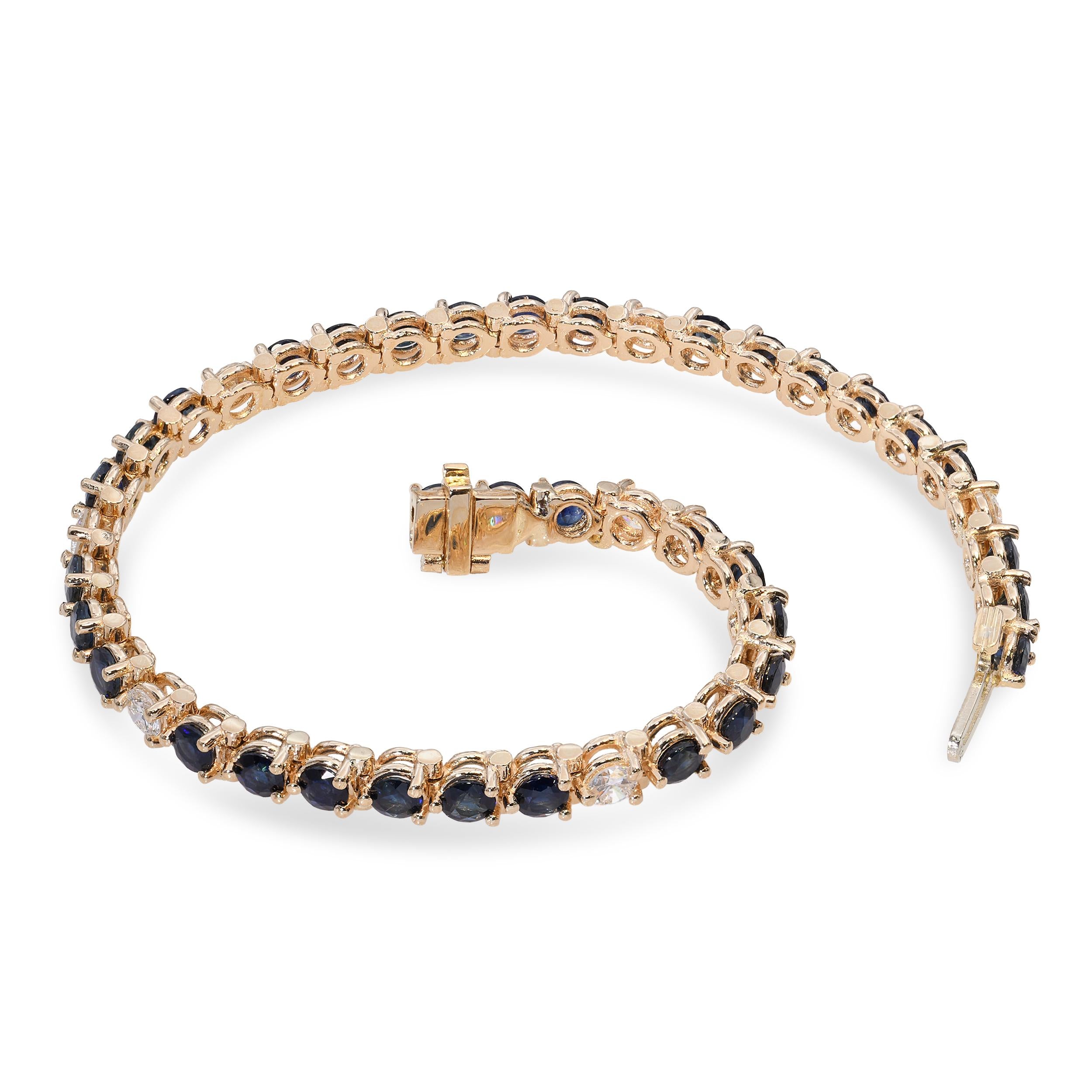 Vintage 14k Yellow Gold 3.96tcw Teal Sapphire and Diamond Tennis Bracelet