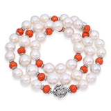 Vintage 14k White Gold South Sea Pearl and Coral Bead Diamond Station Necklace