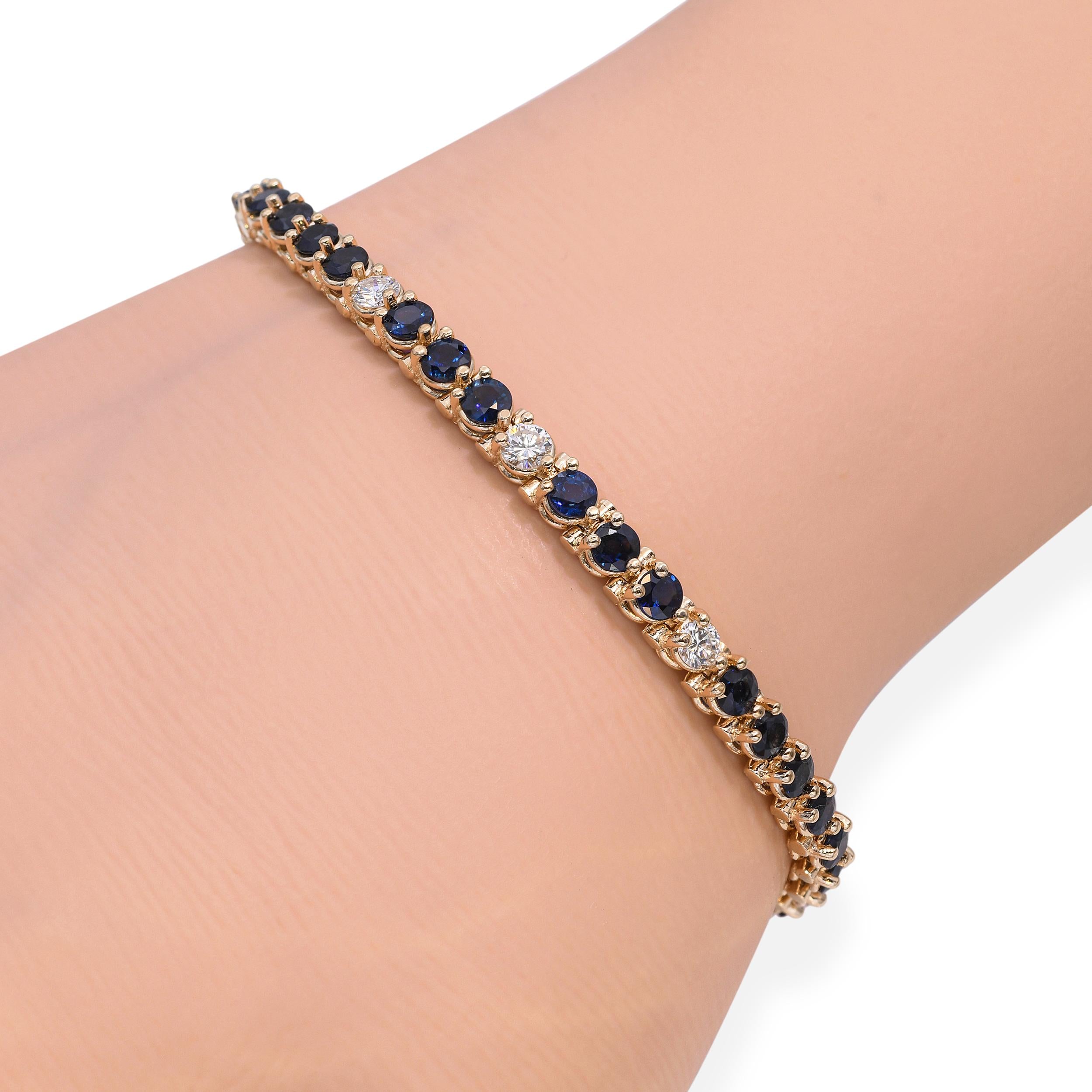 Vintage 14k Yellow Gold 3.96tcw Teal Sapphire and Diamond Tennis Bracelet