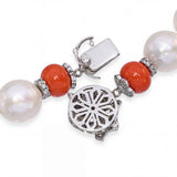 Vintage 14k White Gold South Sea Pearl and Coral Bead Diamond Station Necklace