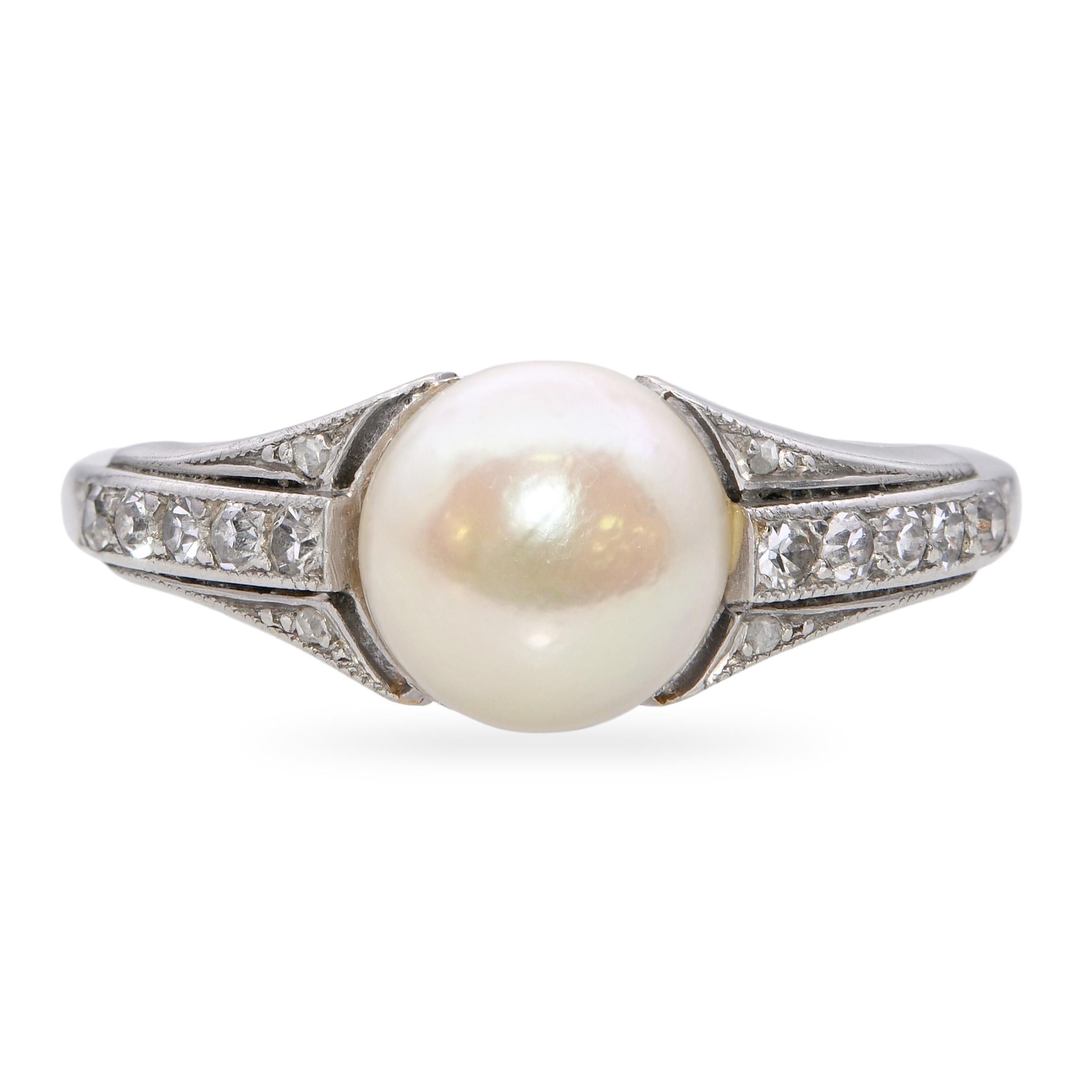 Vintage Platinum Akoya Pearl and Diamond Ring GIA