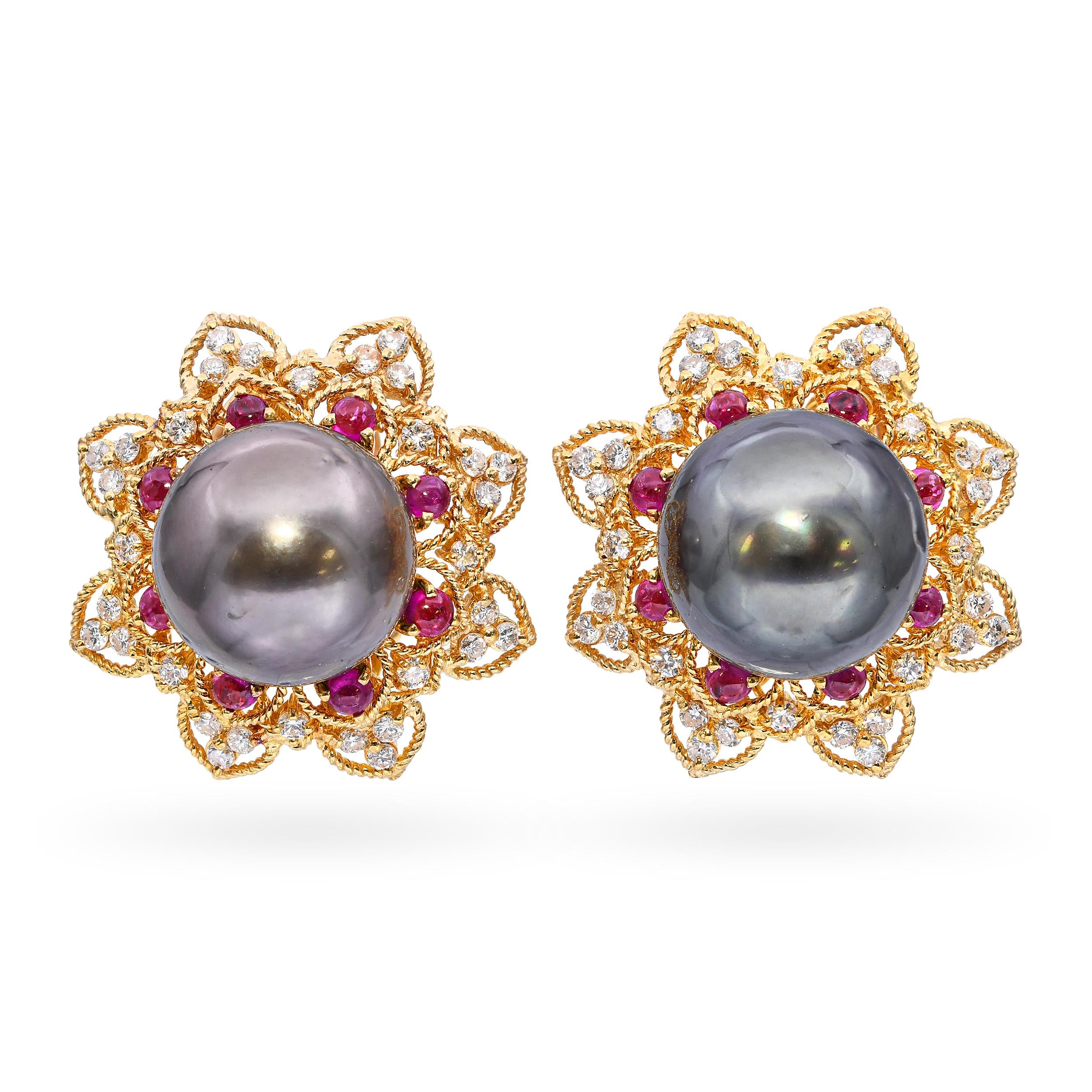 Vintage 18k Yellow Gold Tahitian Pearl Diamond and Ruby Earrings