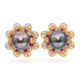 Vintage 18k Yellow Gold Tahitian Pearl Diamond and Ruby Earrings