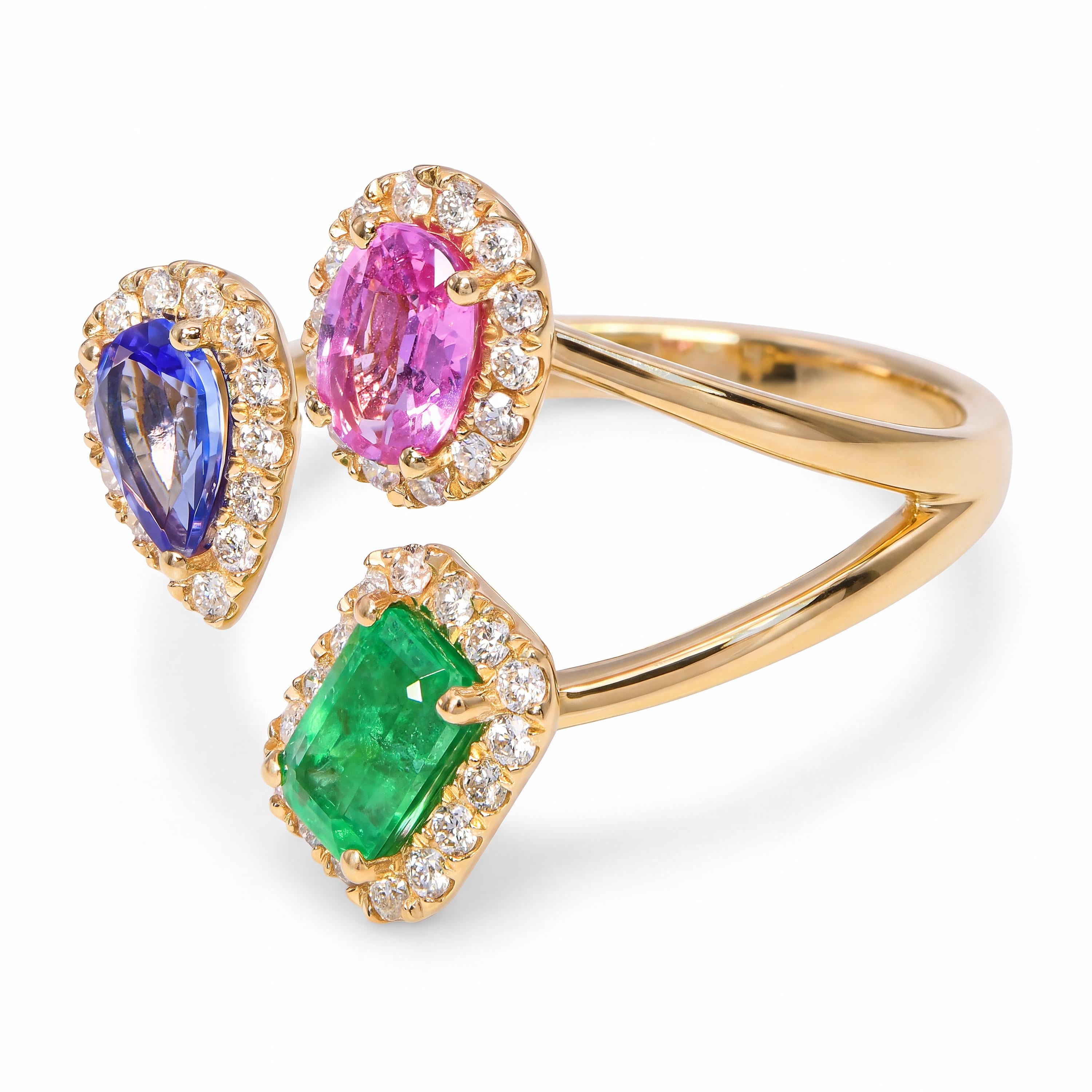 14k Yellow Gold Emerald Tanzanite and Sapphire Diamond Three Stone Bypass Ring