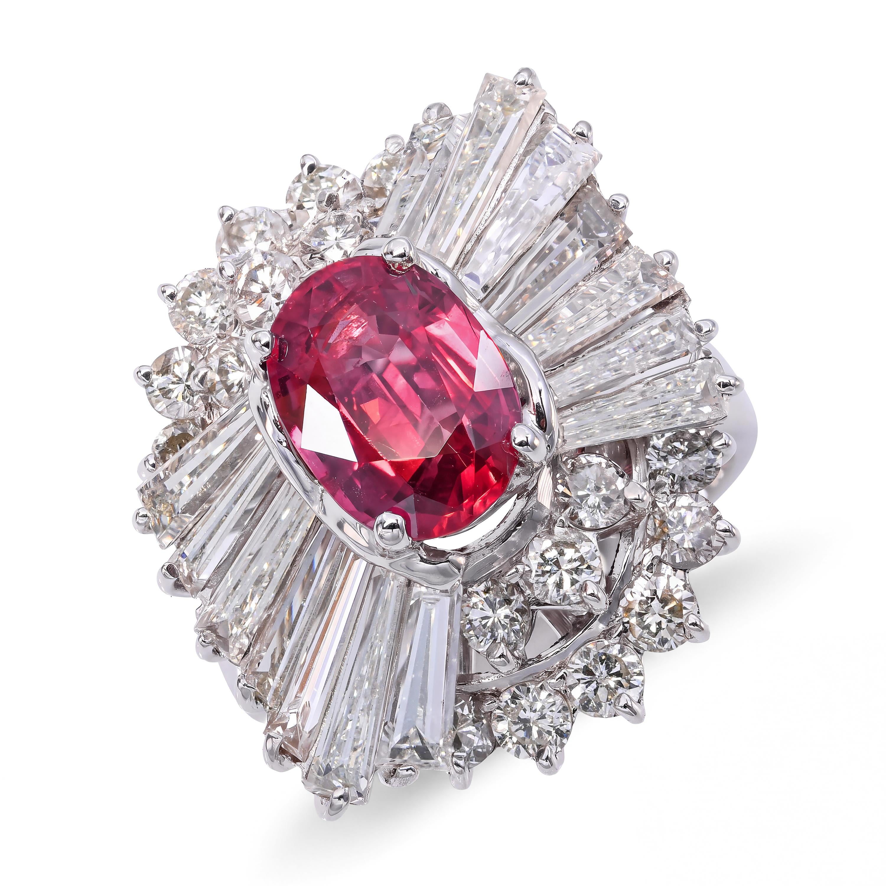Vintage 14k White Gold GIA 1.96ct Ruby and Diamond Ballerina Ring