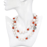 Vintage 14k White Gold South Sea Pearl and Coral Bead Diamond Station Necklace