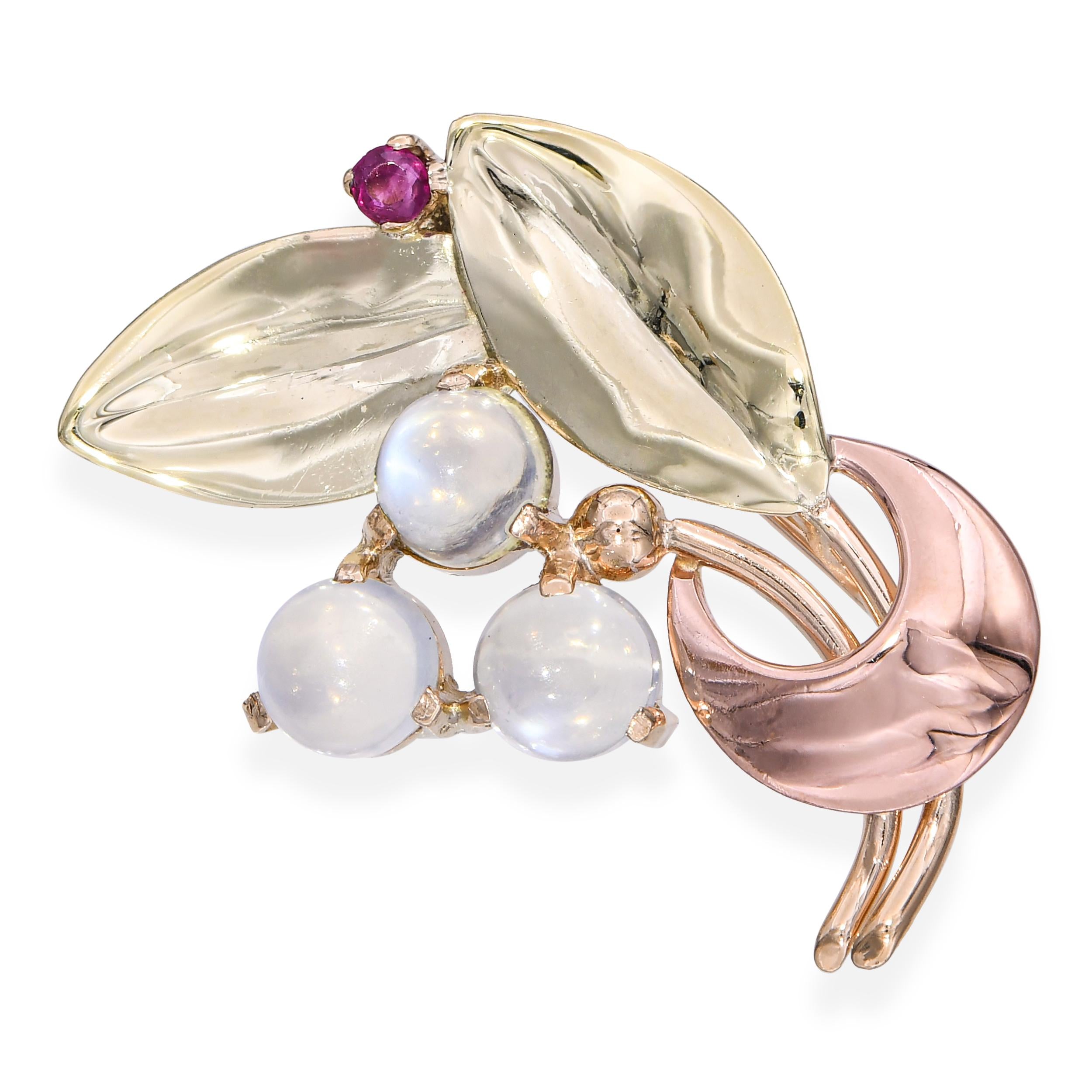 Vintage Tiffany & Co. Tricolor 14k Yellow Gold Moonstone and Ruby Leaf Brooch