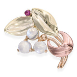 Vintage Tiffany & Co. Tricolor 14k Yellow Gold Moonstone and Ruby Leaf Brooch