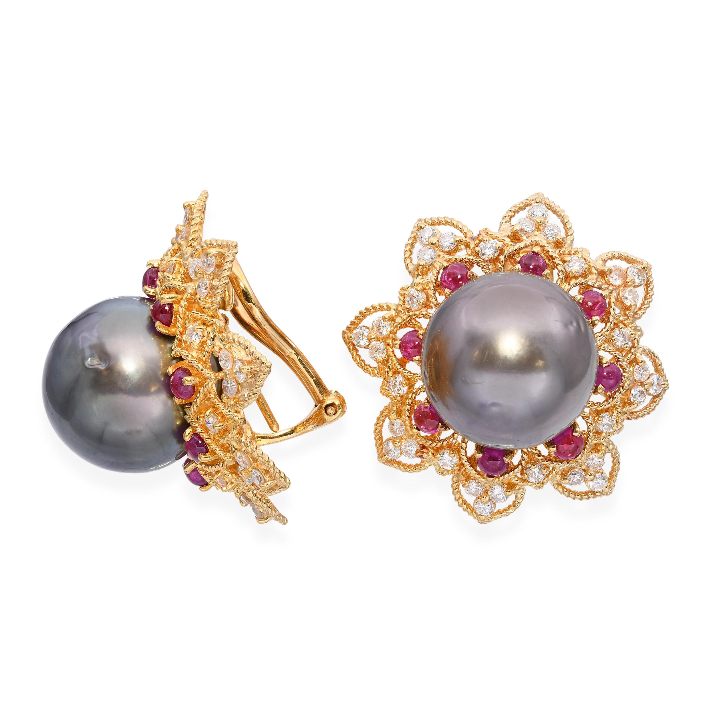 Vintage 18k Yellow Gold Tahitian Pearl Diamond and Ruby Earrings