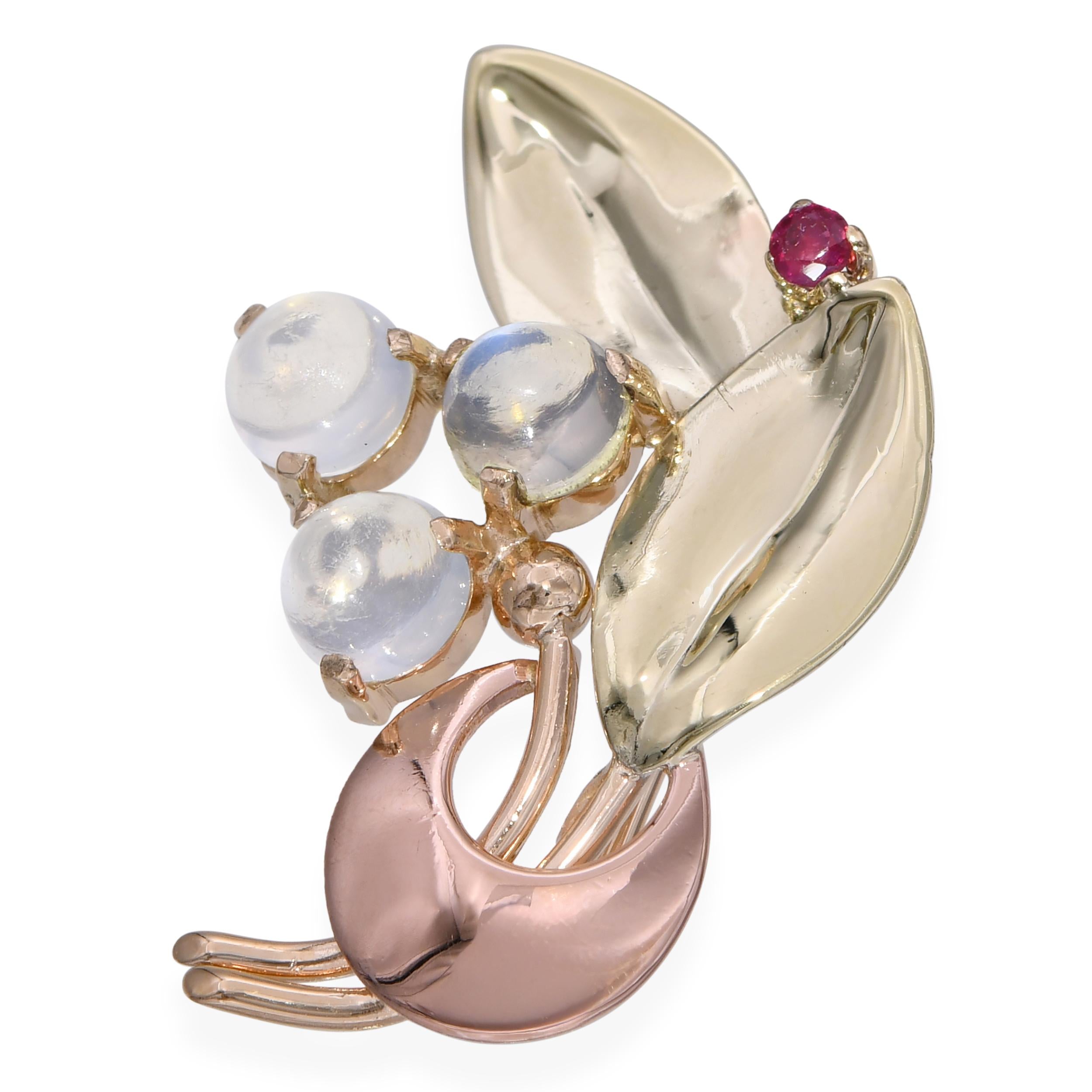Vintage Tiffany & Co. Tricolor 14k Yellow Gold Moonstone and Ruby Leaf Brooch