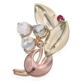 Vintage Tiffany & Co. Tricolor 14k Yellow Gold Moonstone and Ruby Leaf Brooch