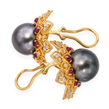 Vintage 18k Yellow Gold Tahitian Pearl Diamond and Ruby Earrings