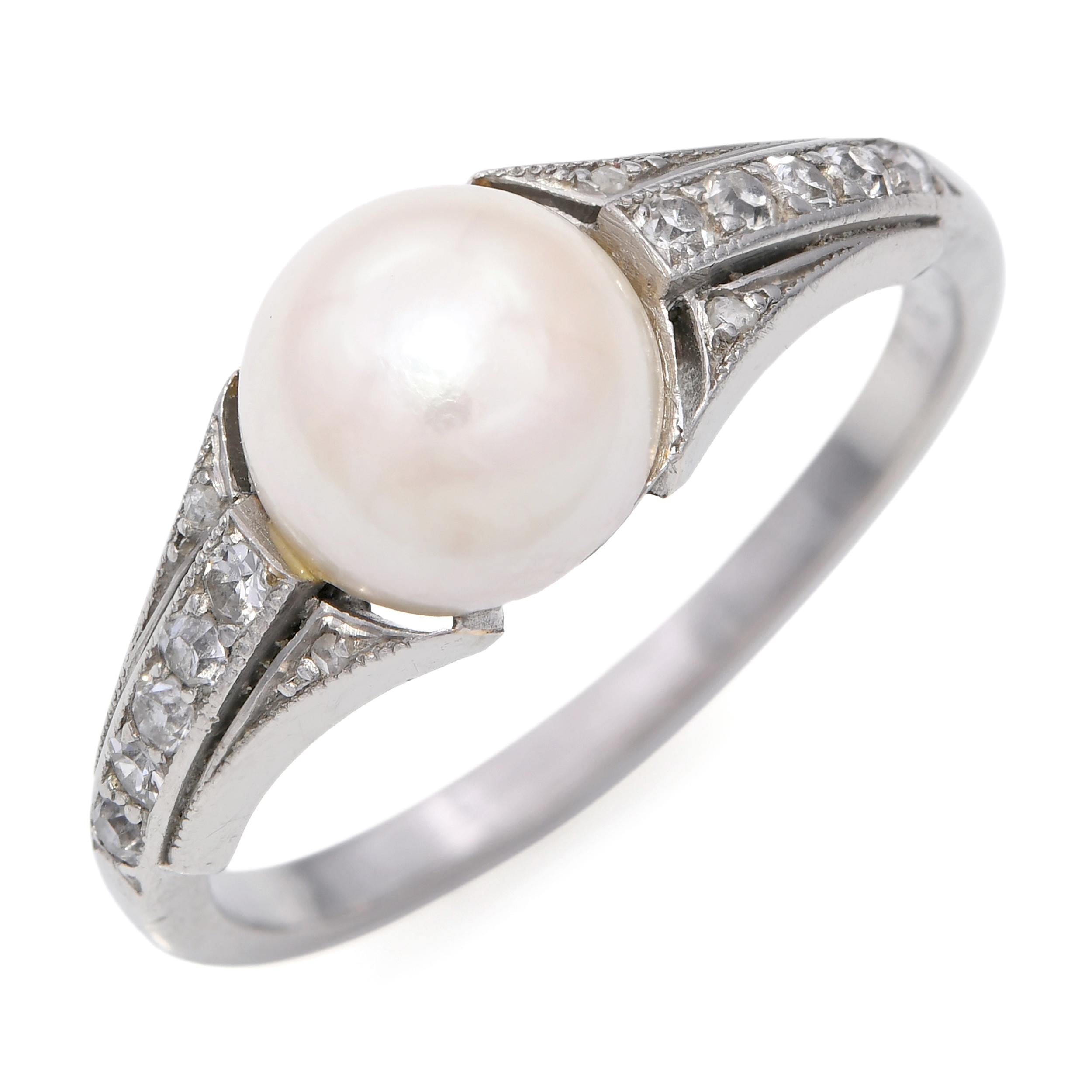 Vintage Platinum Akoya Pearl and Diamond Ring GIA