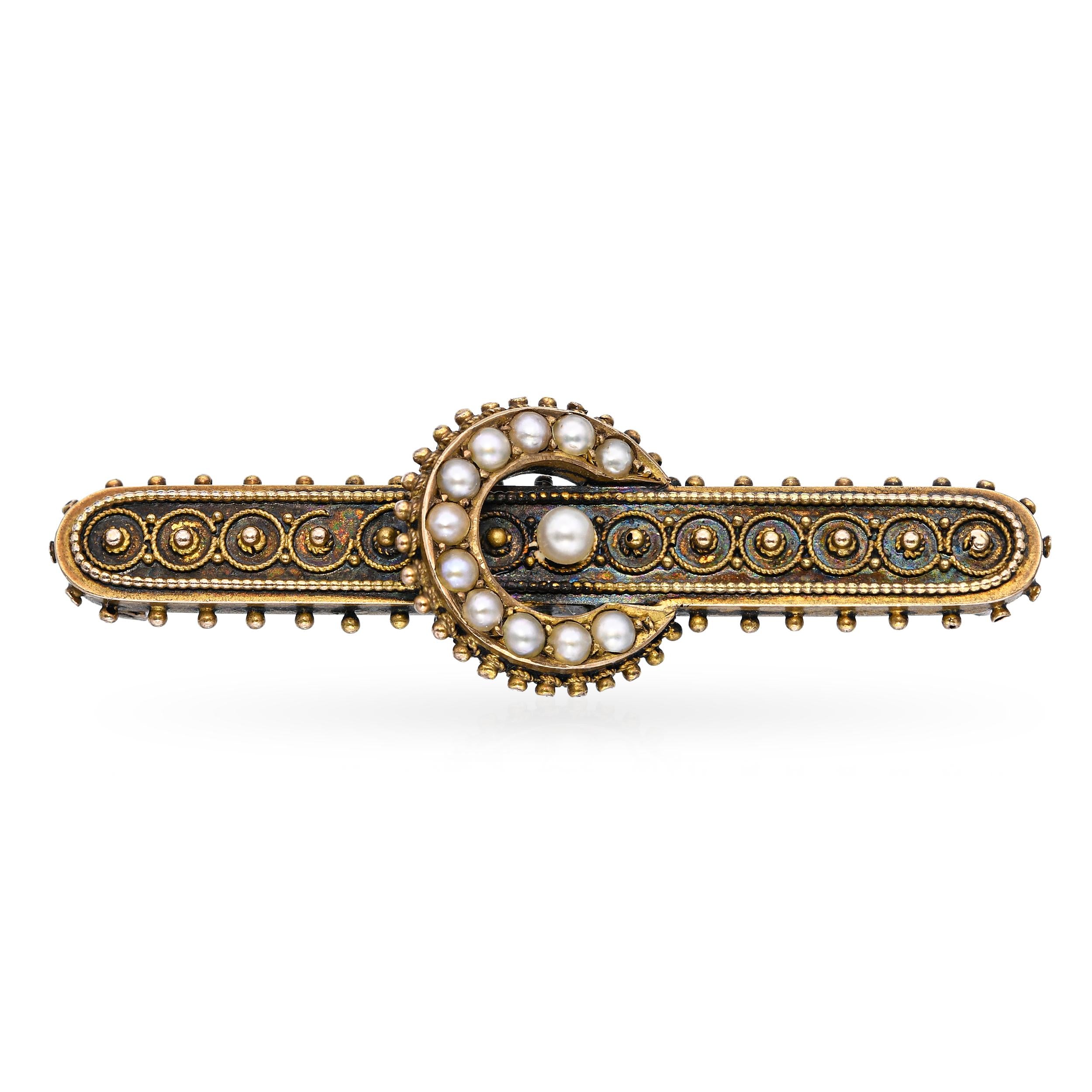 Antique 15k Yellow Gold Pearl Bar Brooch