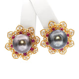 Vintage 18k Yellow Gold Tahitian Pearl Diamond and Ruby Earrings