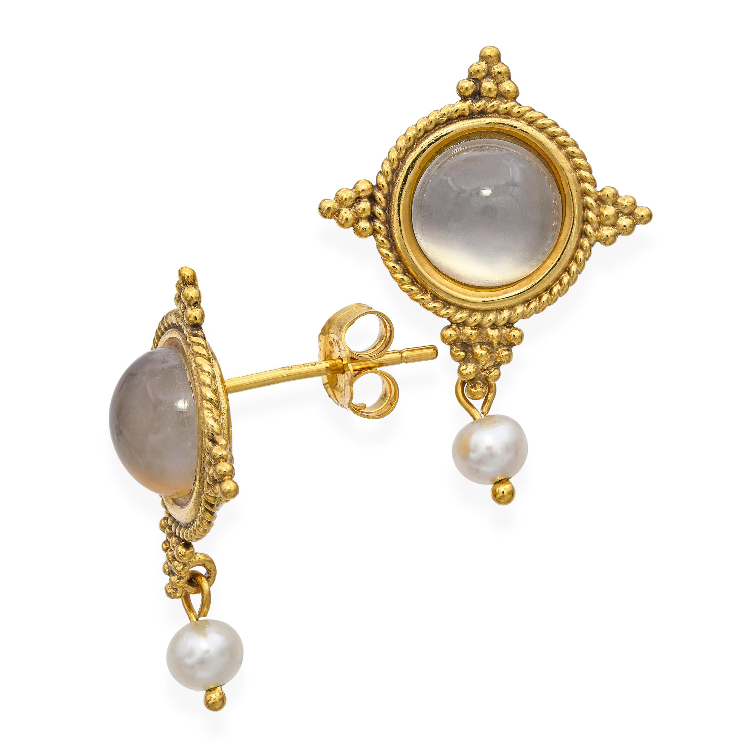 14k Yellow Gold Moonstone and Pearl Earrings