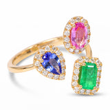 14k Yellow Gold Emerald Tanzanite and Sapphire Diamond Three Stone Bypass Ring
