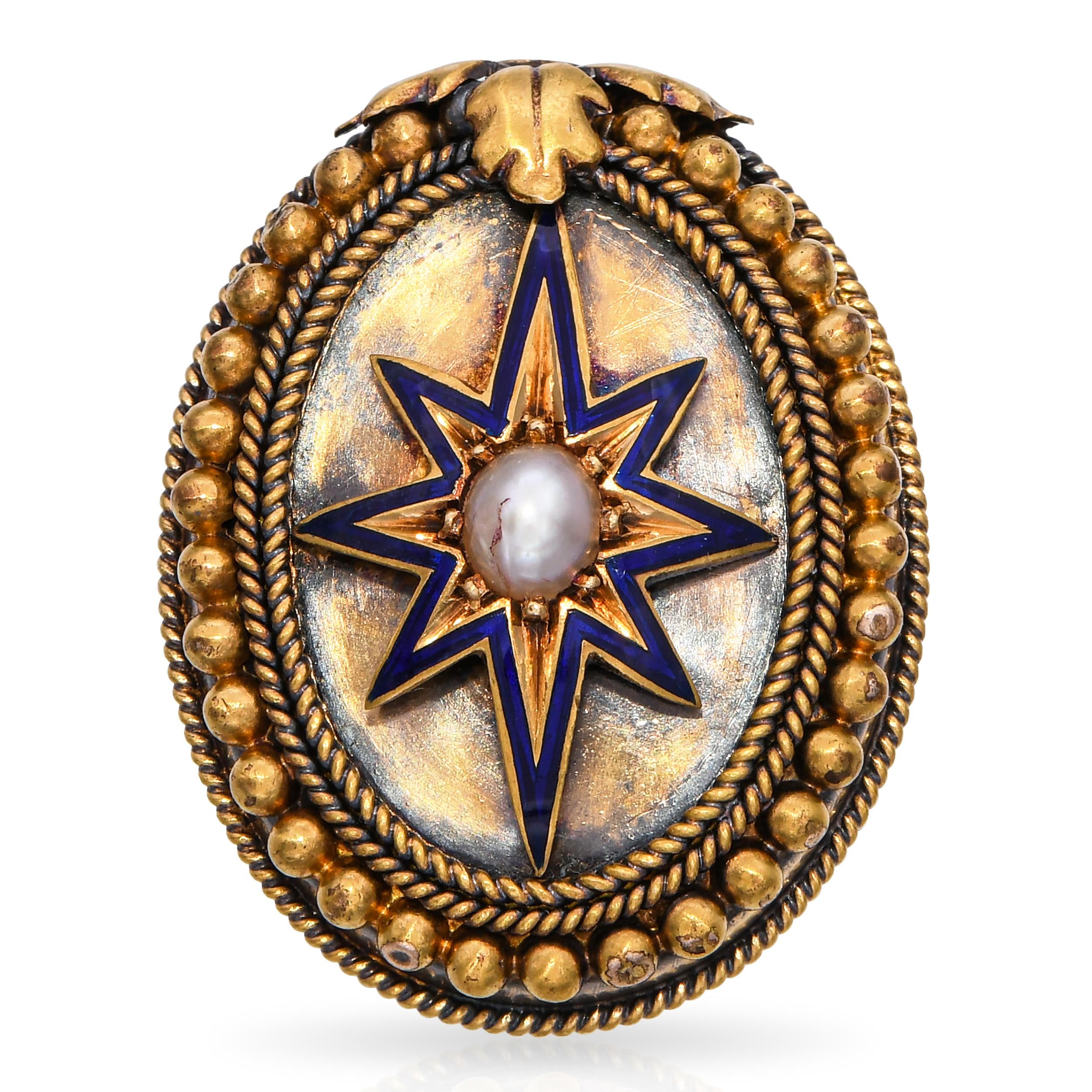 Antique 18k Yellow Gold Pearl and Enamel Star Brooch