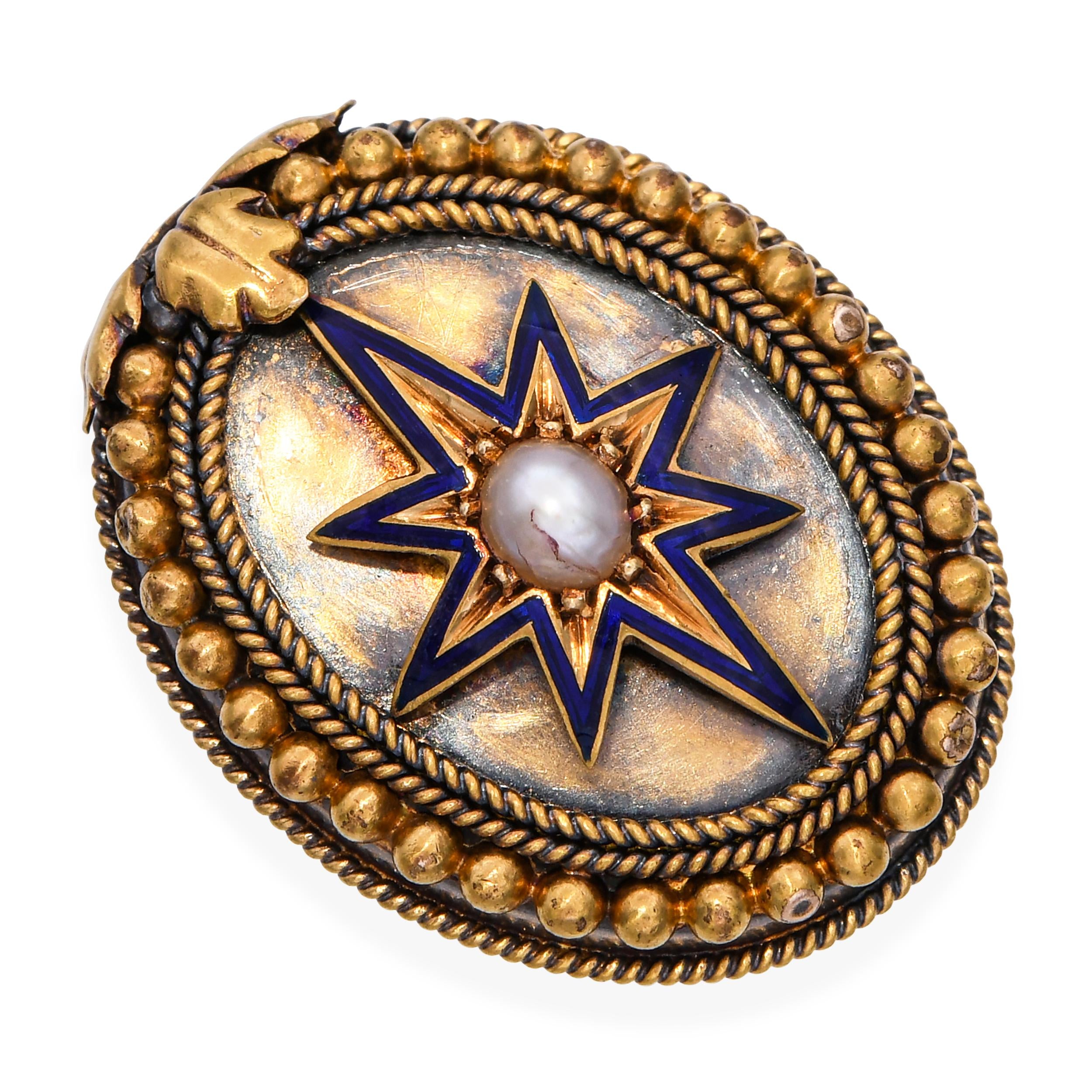 Antique 18k Yellow Gold Pearl and Enamel Star Brooch