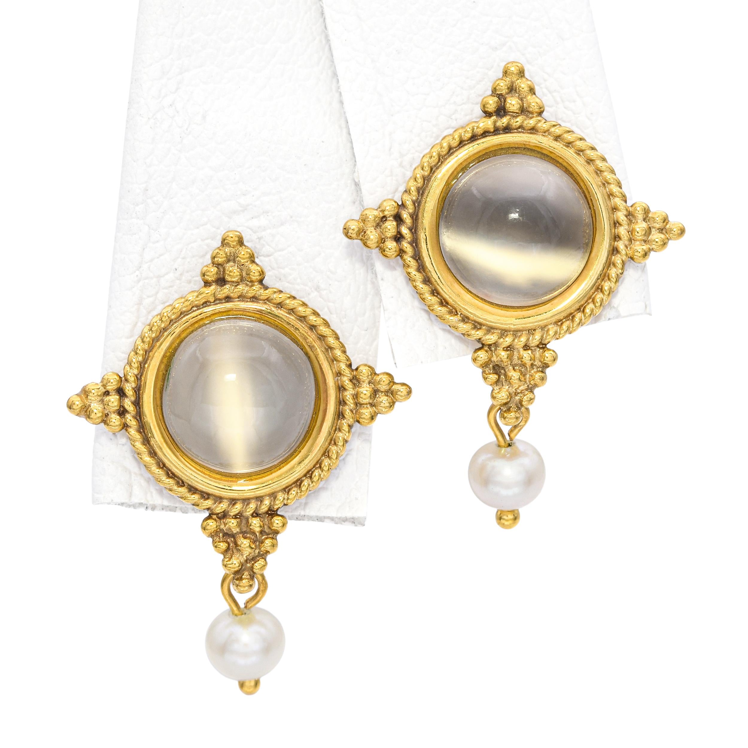 14k Yellow Gold Moonstone and Pearl Earrings