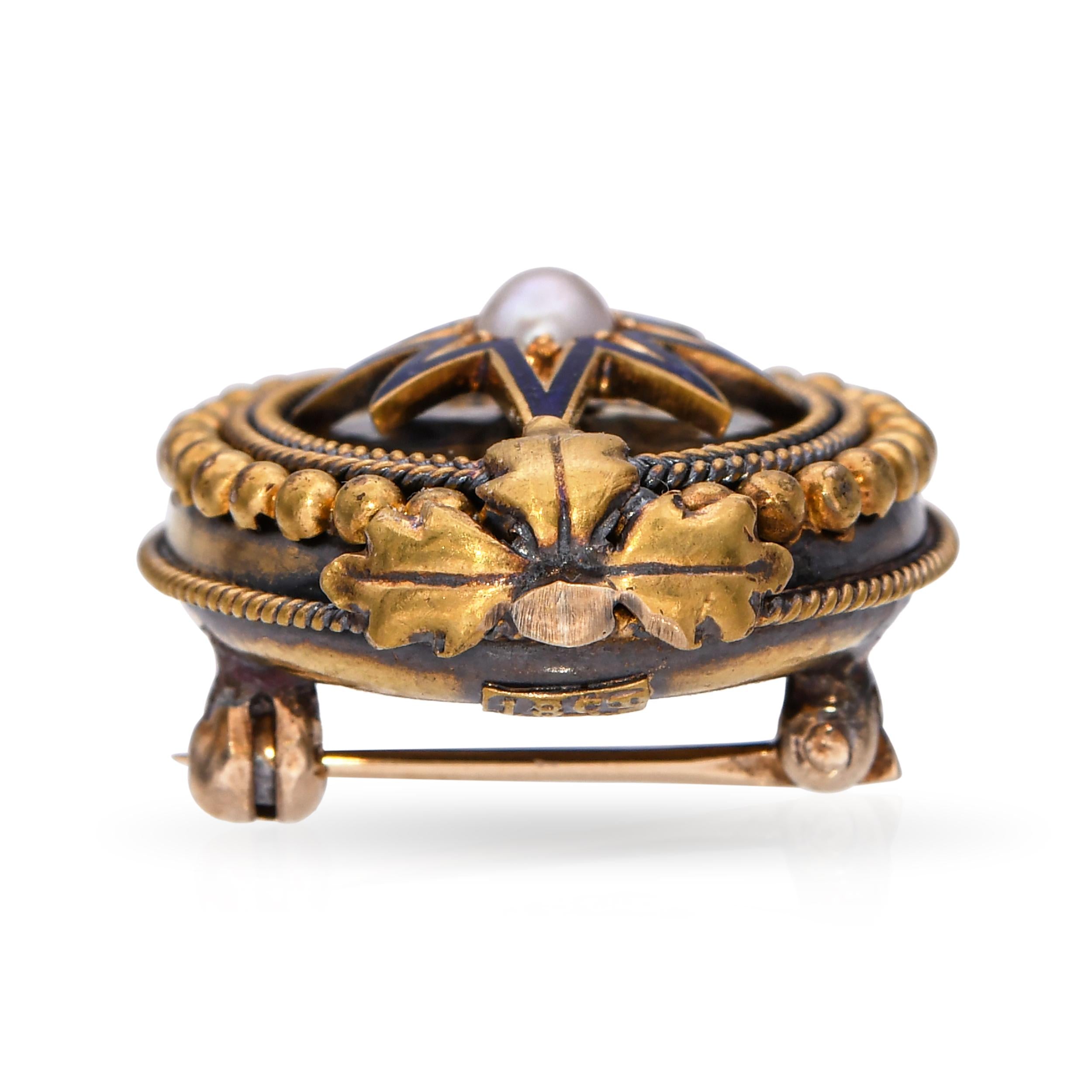 Antique 18k Yellow Gold Pearl and Enamel Star Brooch