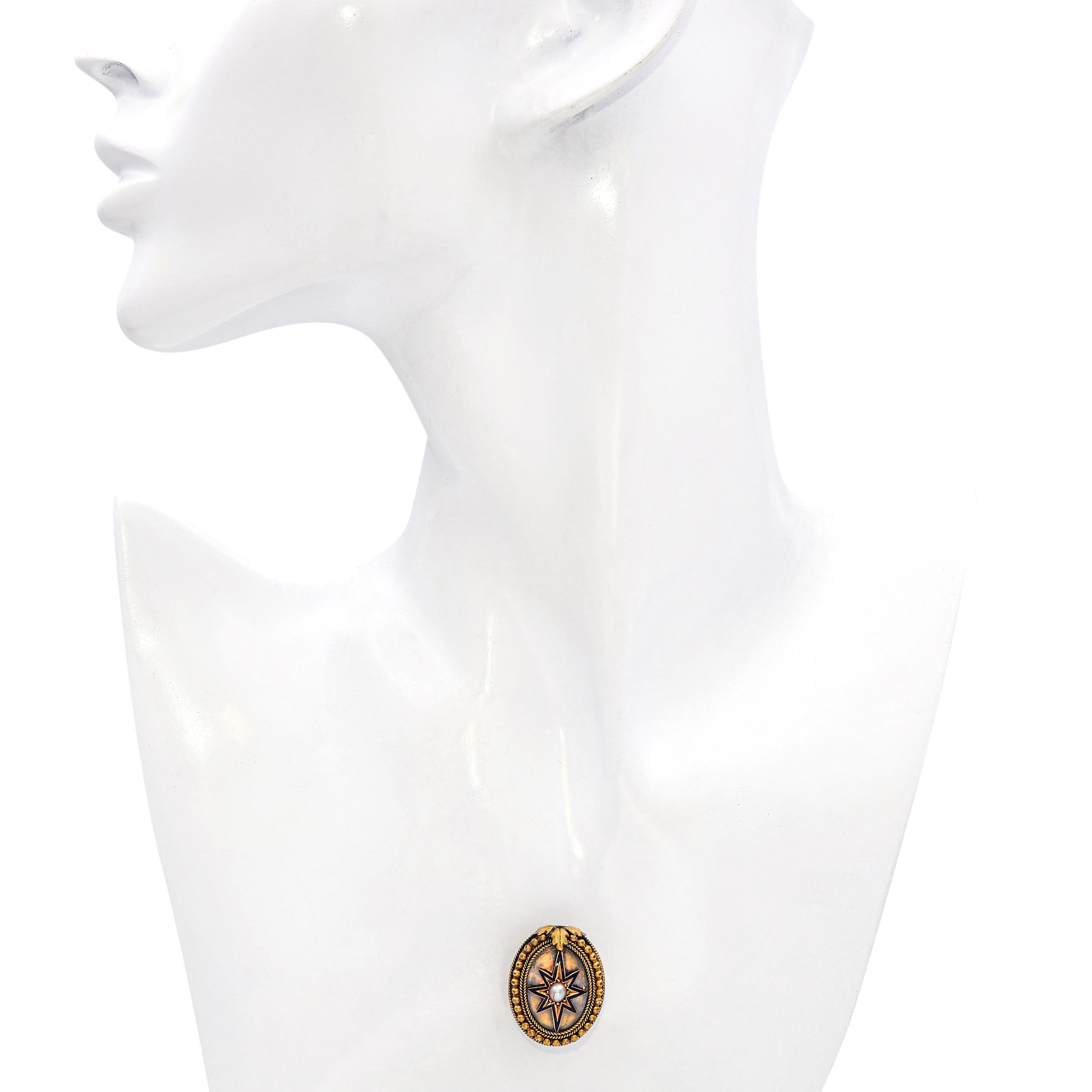 Antique 18k Yellow Gold Pearl and Enamel Star Brooch