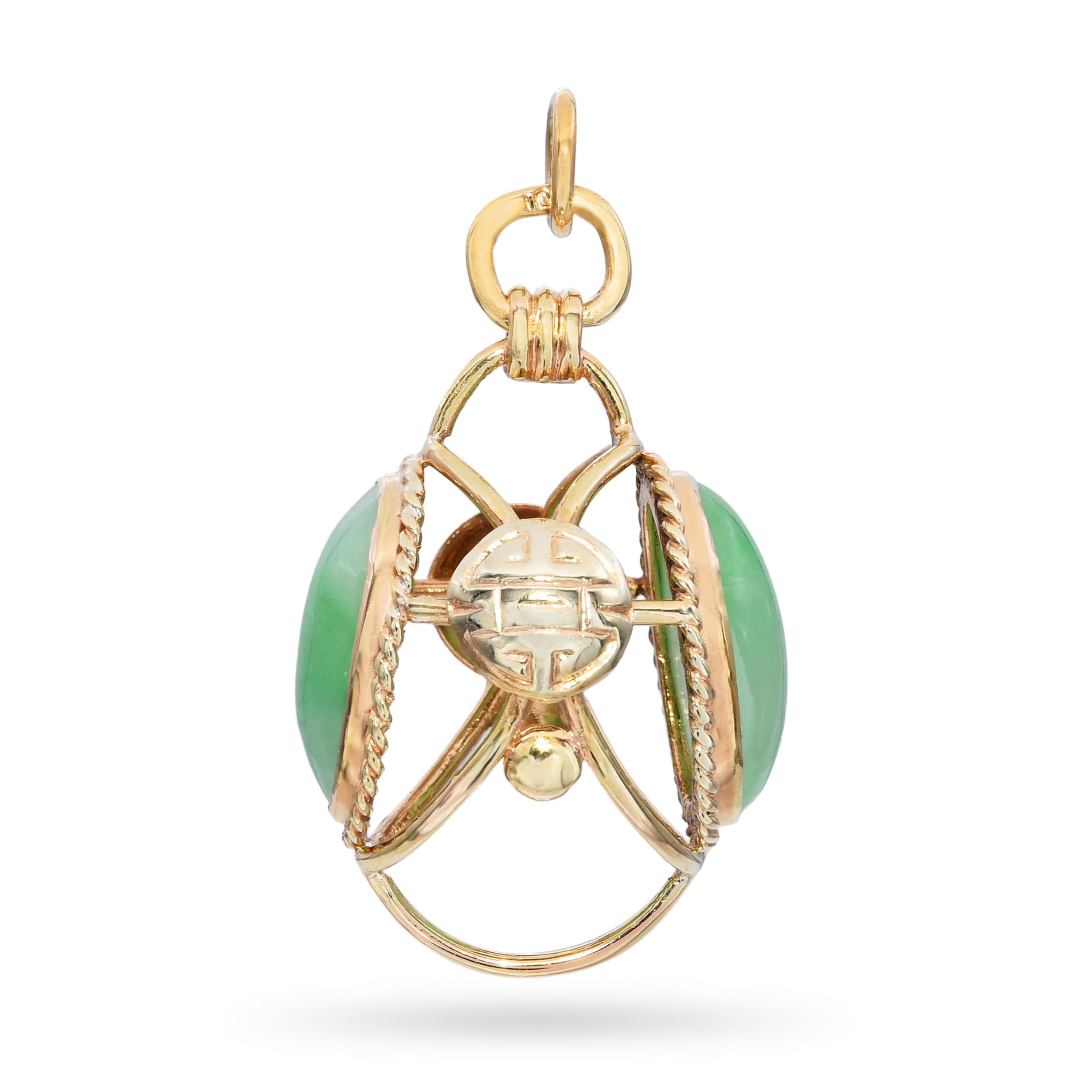 14K Yellow Gold Green Jade Orb Pendant with Openwork Cage Setting