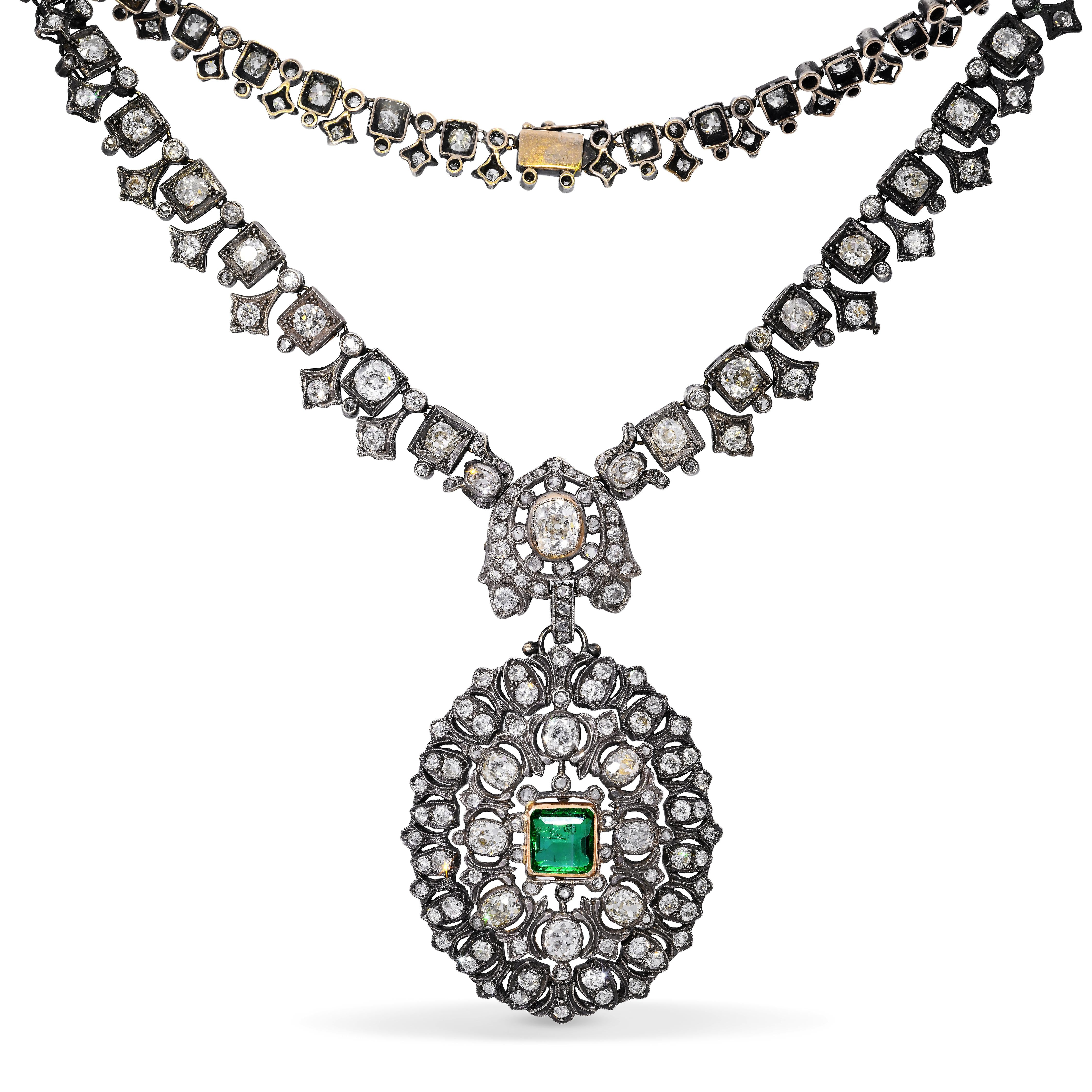 Antique Silver Topped 14k Yellow Gold Colombian Emerald & Diamond Necklace