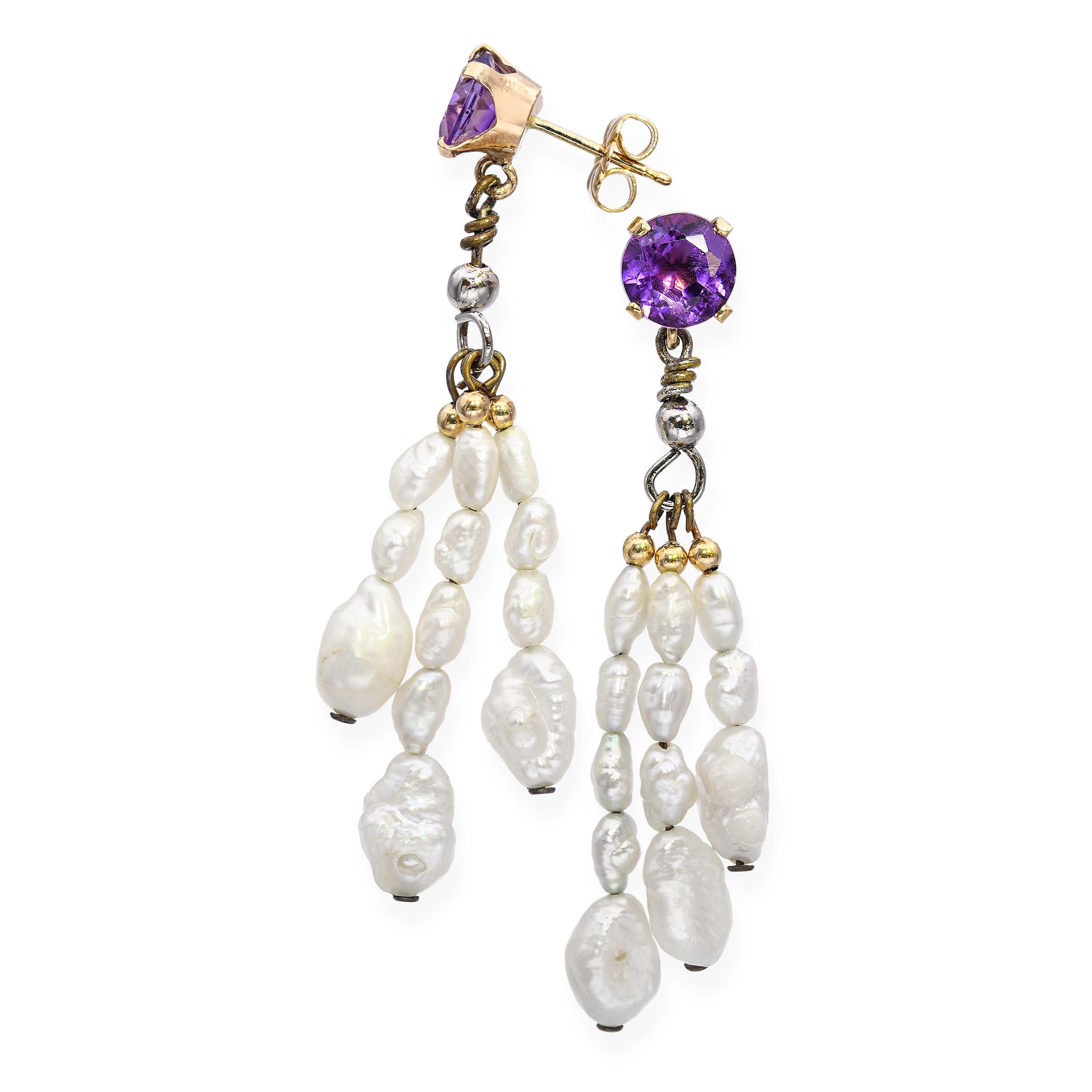 Vintage 14k Yellow Gold Amethyst & Pearl Dangle Earring