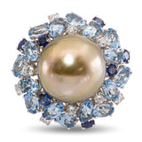 18k White Gold Pearl, Aquamarine, Sapphire, and Diamond Cluster Cocktail Ring