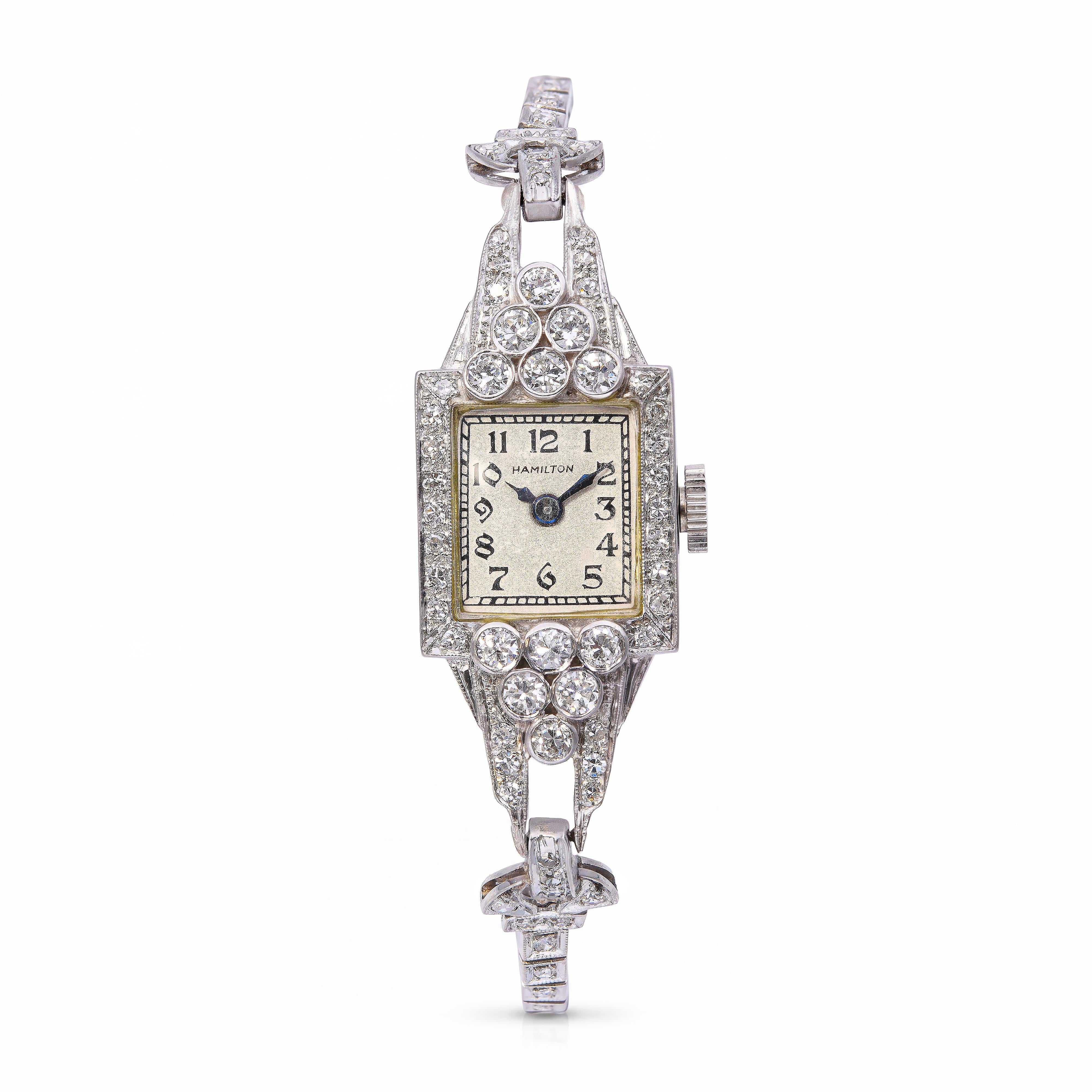 Art Deco Platinum Hamilton Diamond Hand Wind Women's Cocktail Watch