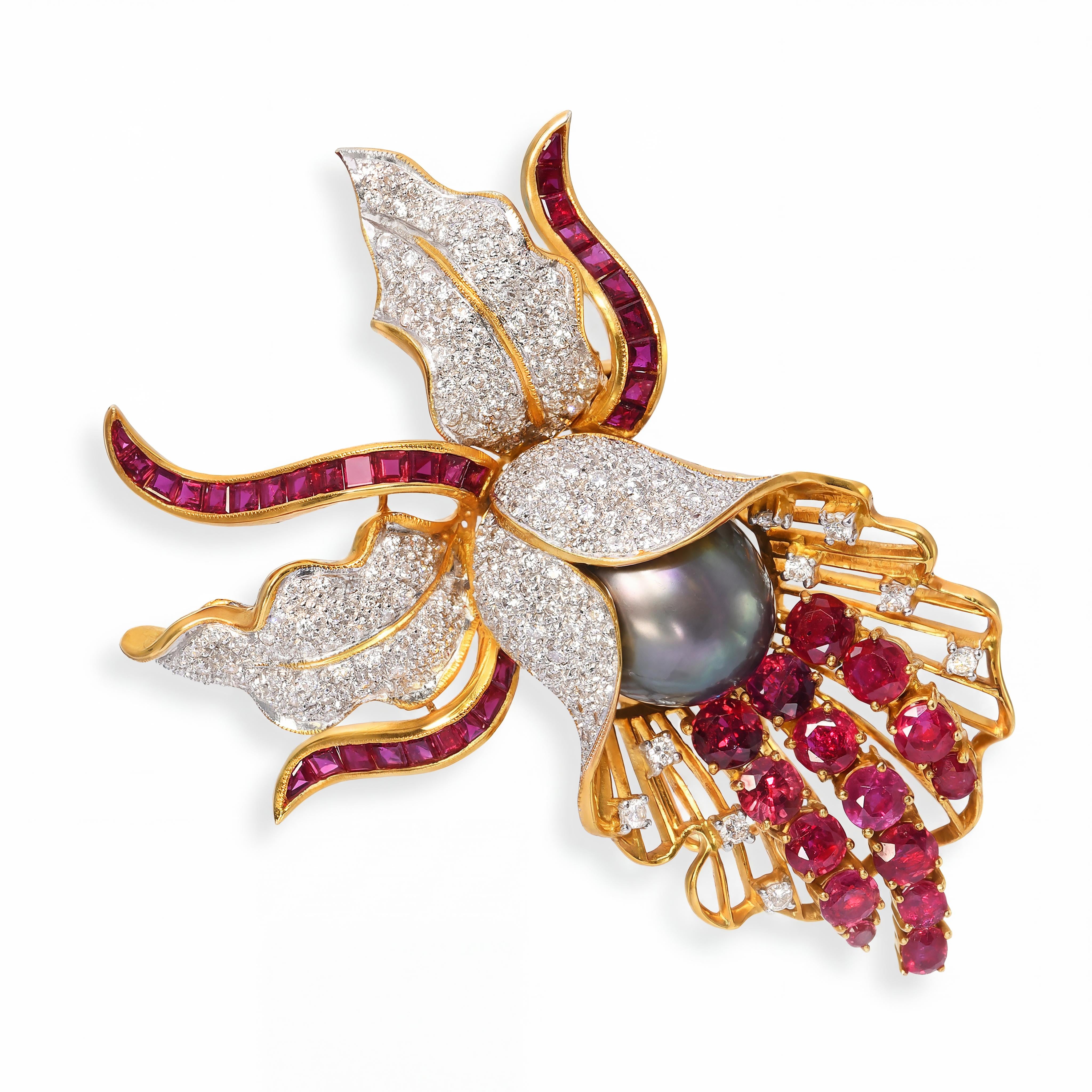 Vintage 18k Yellow Gold 4.19tcw Ruby Diamond & Tahitian Pearl Flower Brooch