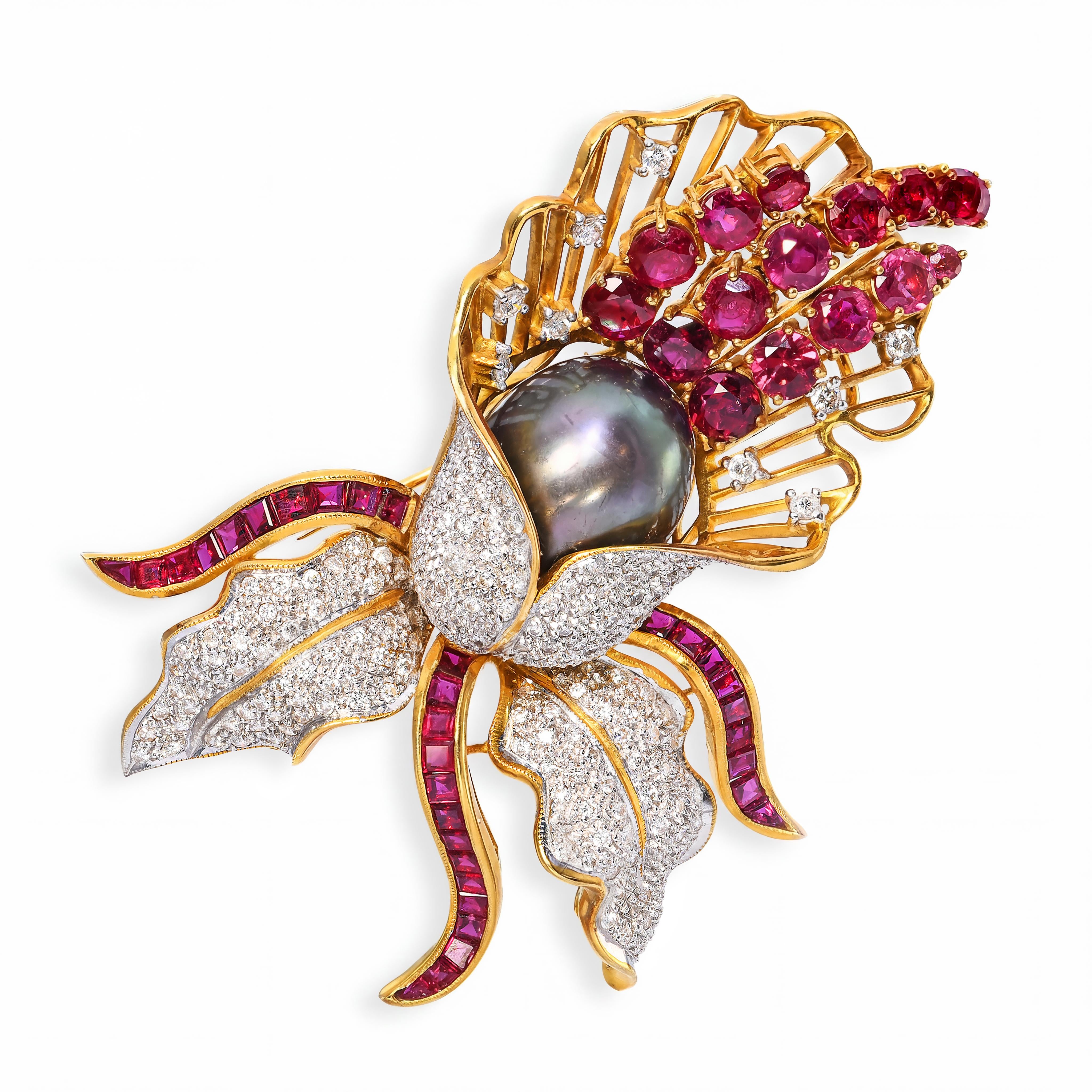 Vintage 18k Yellow Gold 4.19tcw Ruby Diamond & Tahitian Pearl Flower Brooch