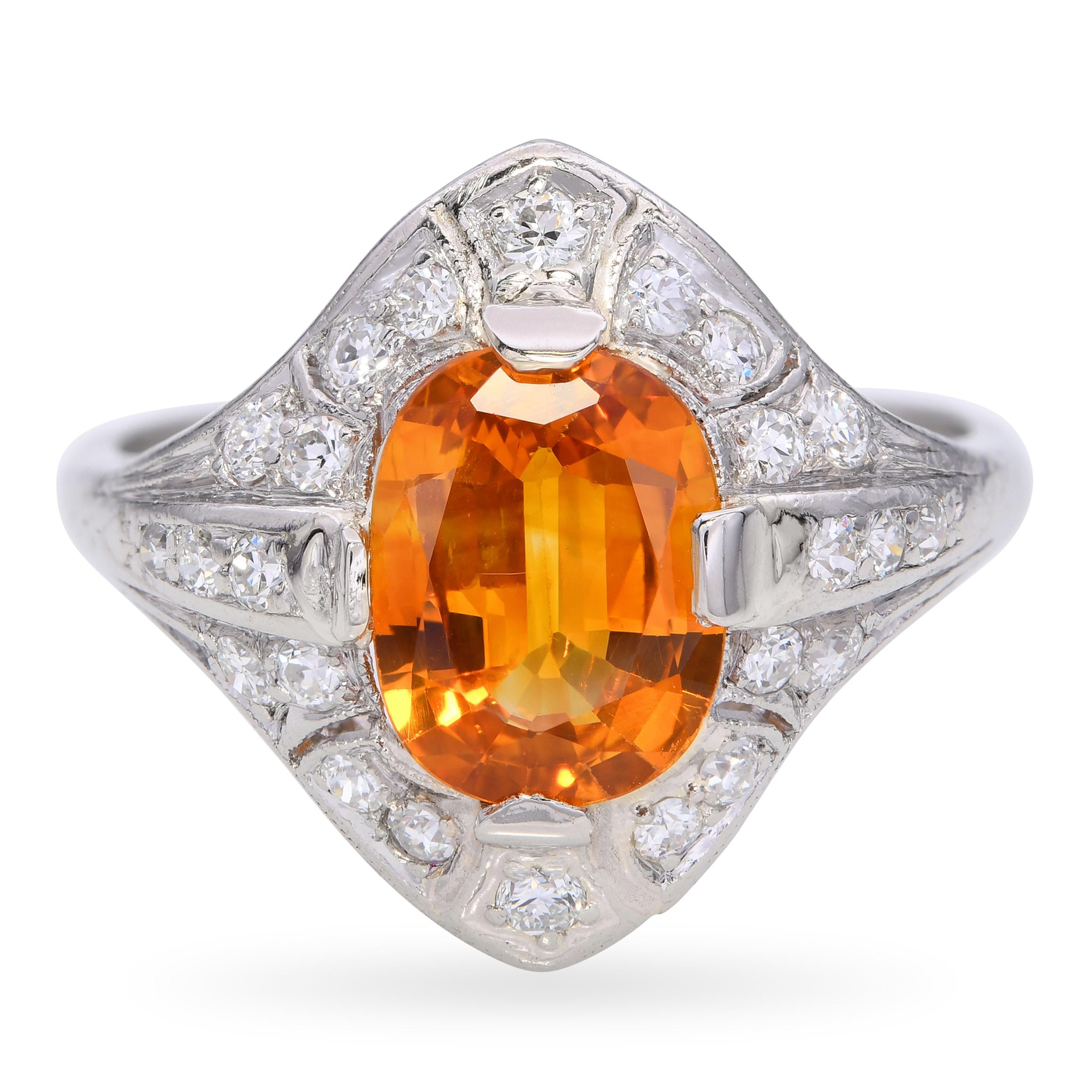 Art Deco Platinum 2.12ct Vivid Orange Sapphire & 0.45tcw Diamond Ring