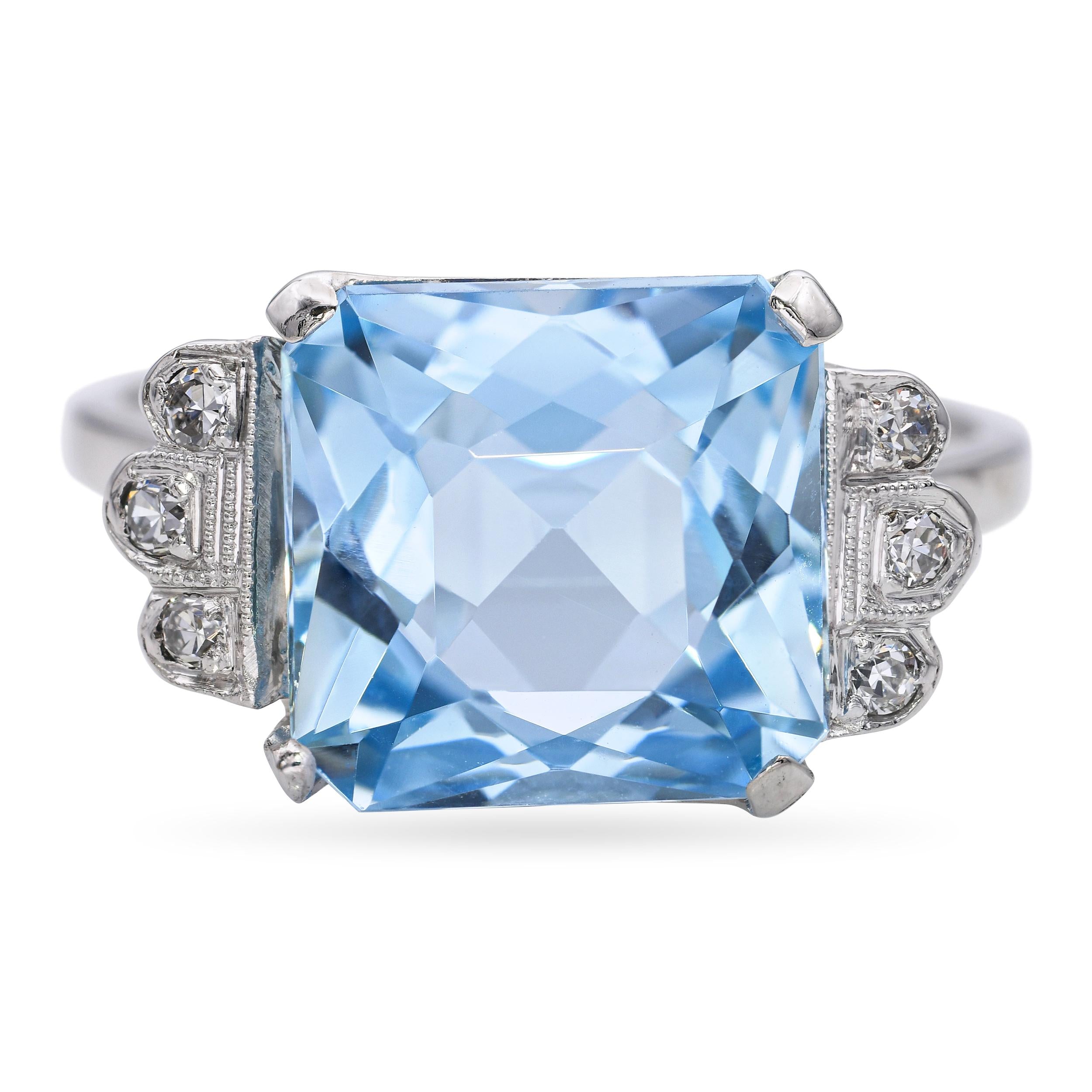 Vintage 18k White Gold 5.82ct Aquamarine and Diamond Ring