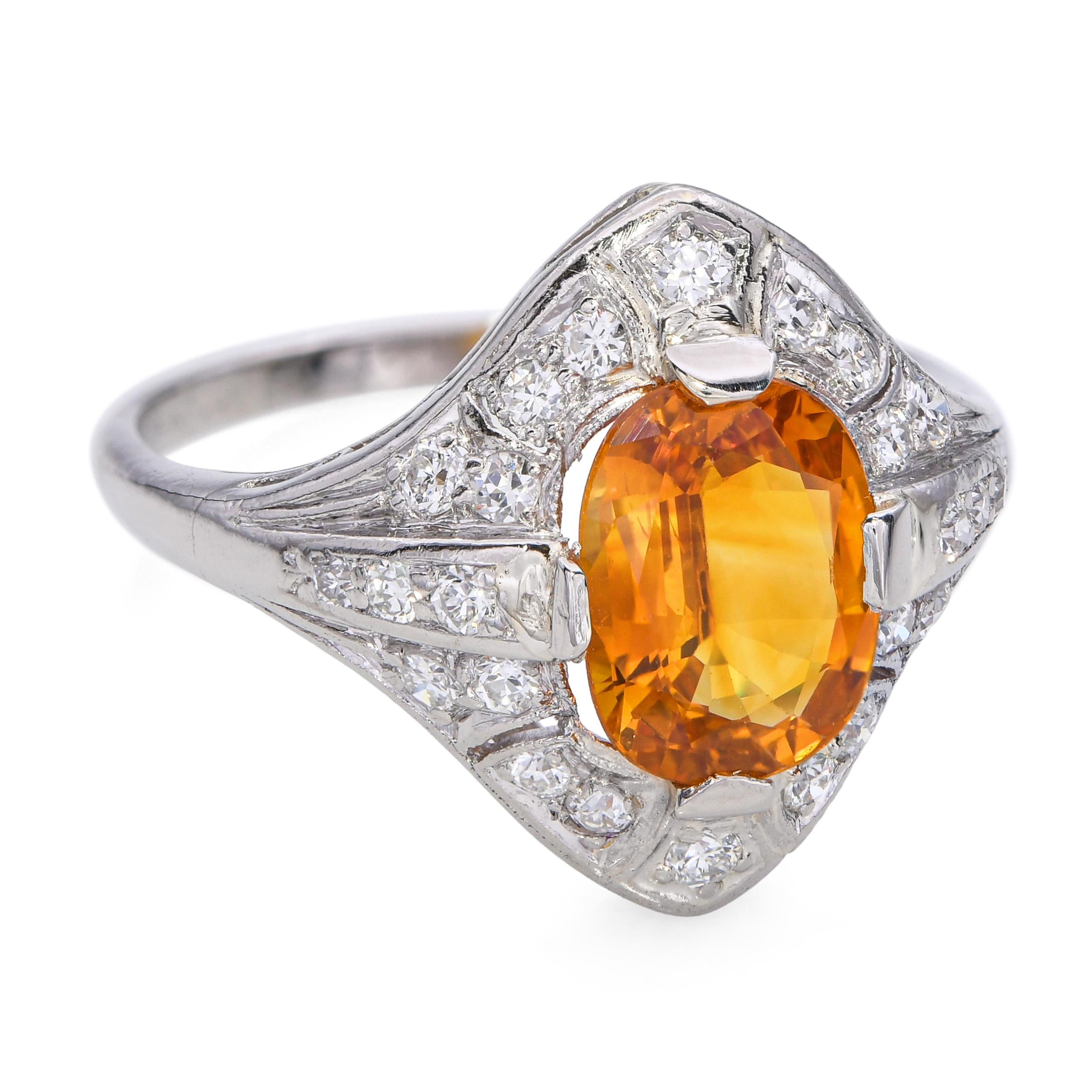 Art Deco Platinum 2.12ct Vivid Orange Sapphire & 0.45tcw Diamond Ring
