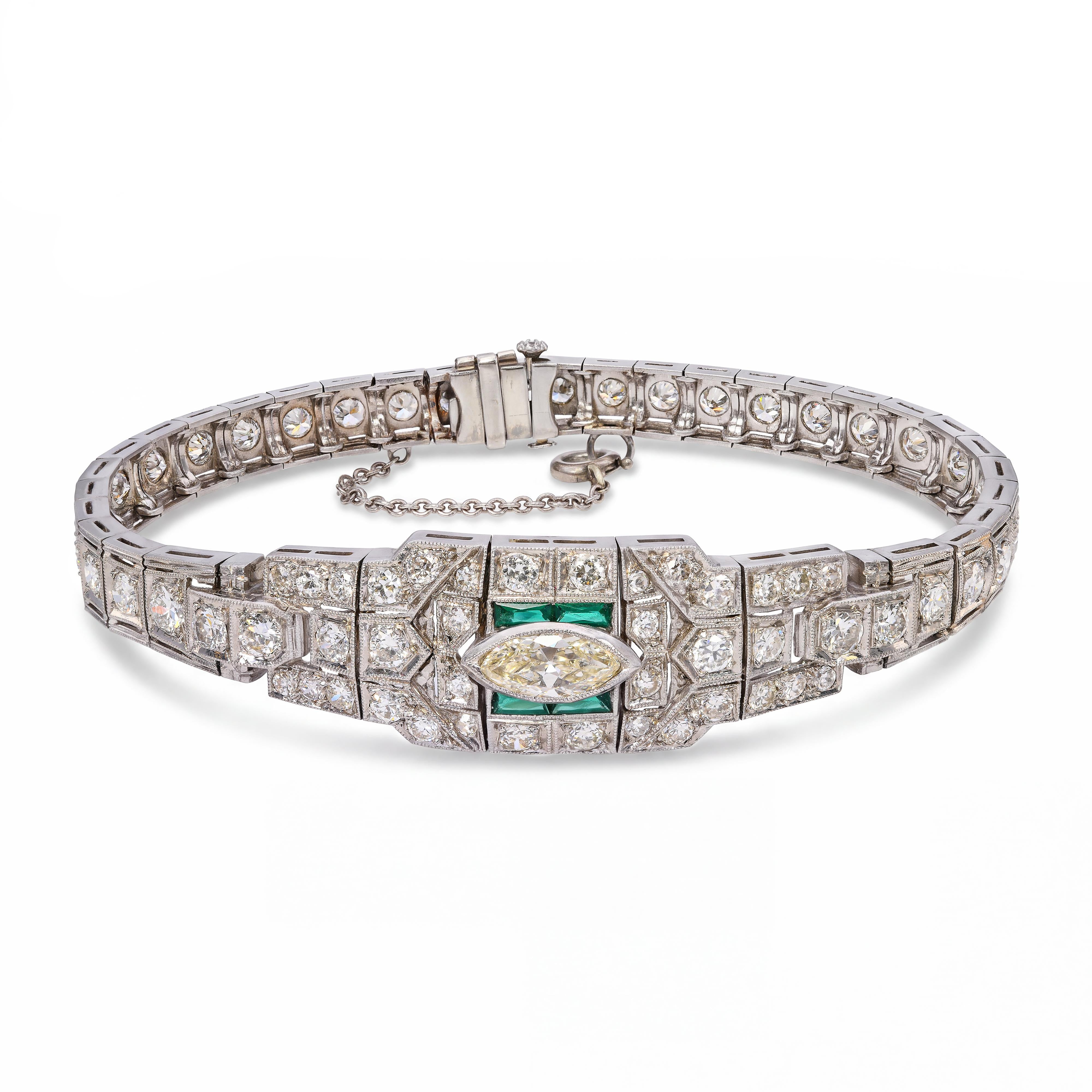Art Deco Platinum 2.81tcw Diamond and Emerald Accent Link Bracelet