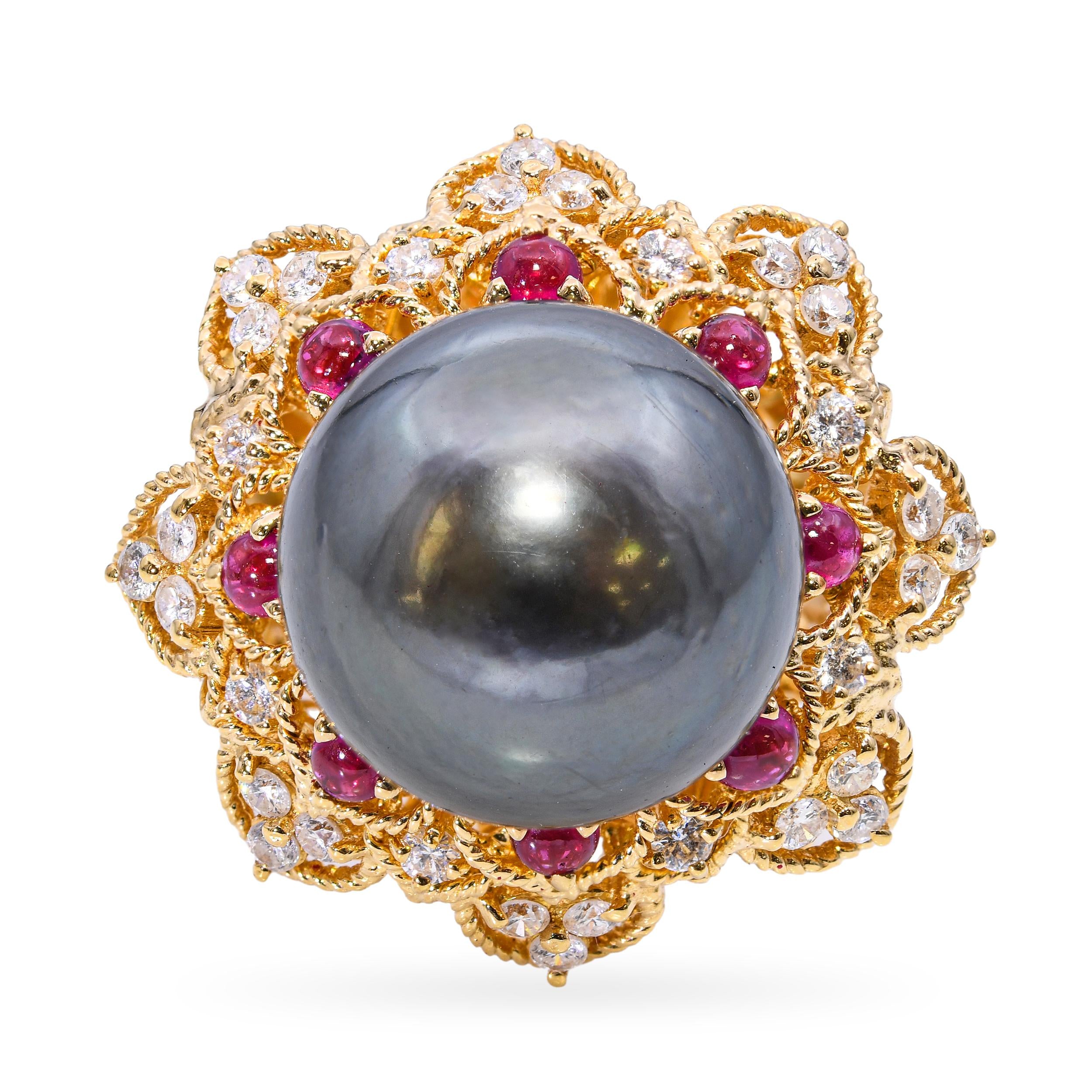 Vintage 18k Yellow Gold Tahitian Pearl Ruby and Diamond Ring