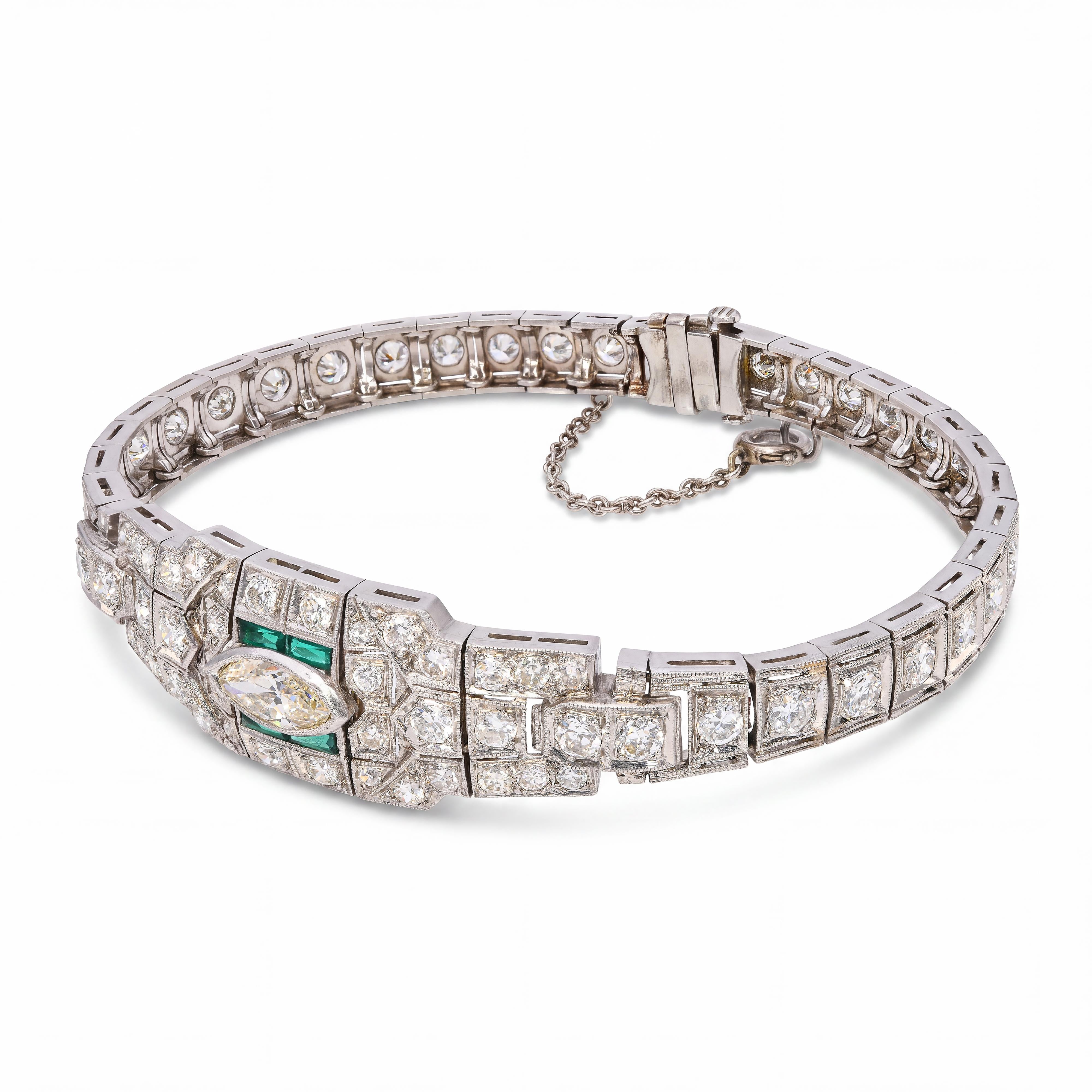 Art Deco Platinum 2.81tcw Diamond and Emerald Accent Link Bracelet