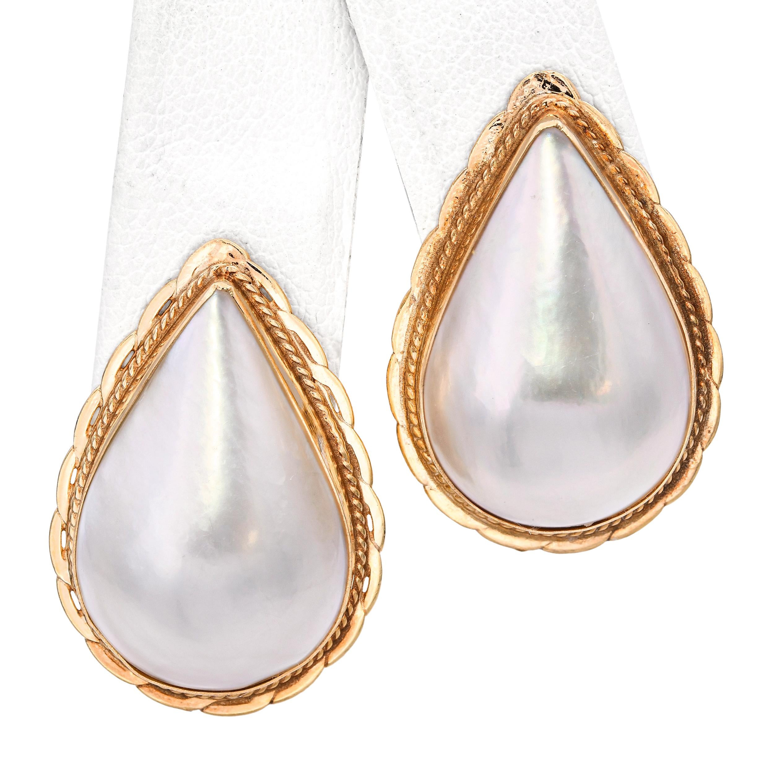 Vintage 14k Yellow Gold Mabe Pearl Teardrop Earrings