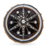 Victorian 10k Yellow Gold Banded Agate Diamond Starburst Mourning Brooch