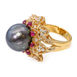 Vintage 18k Yellow Gold Tahitian Pearl Ruby and Diamond Ring