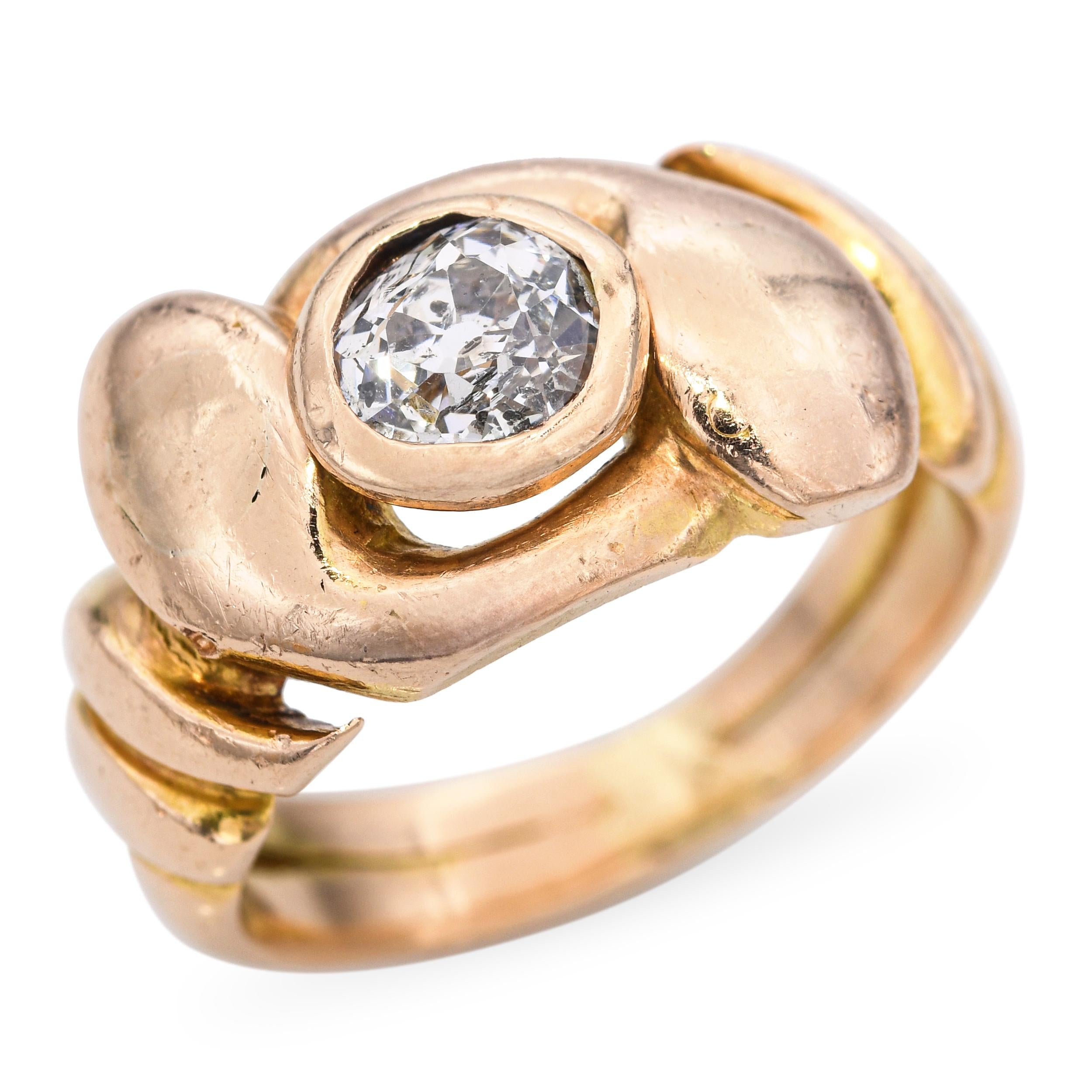 Antique 18k Yellow Gold 0.50ct Old Euro Diamond Intertwined Snake Ring