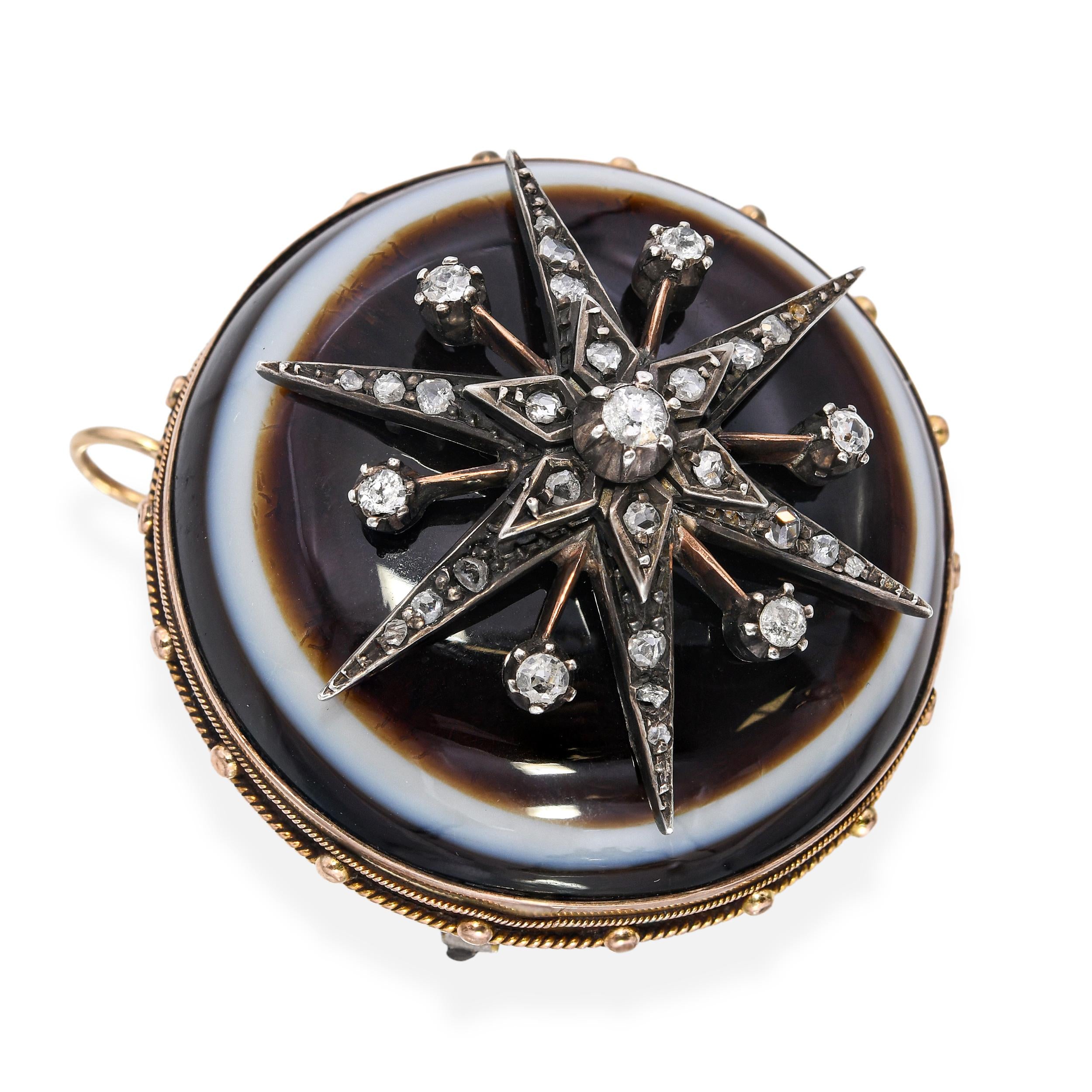 Victorian 10k Yellow Gold Banded Agate Diamond Starburst Mourning Brooch