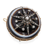 Victorian 10k Yellow Gold Banded Agate Diamond Starburst Mourning Brooch