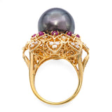 Vintage 18k Yellow Gold Tahitian Pearl Ruby and Diamond Ring