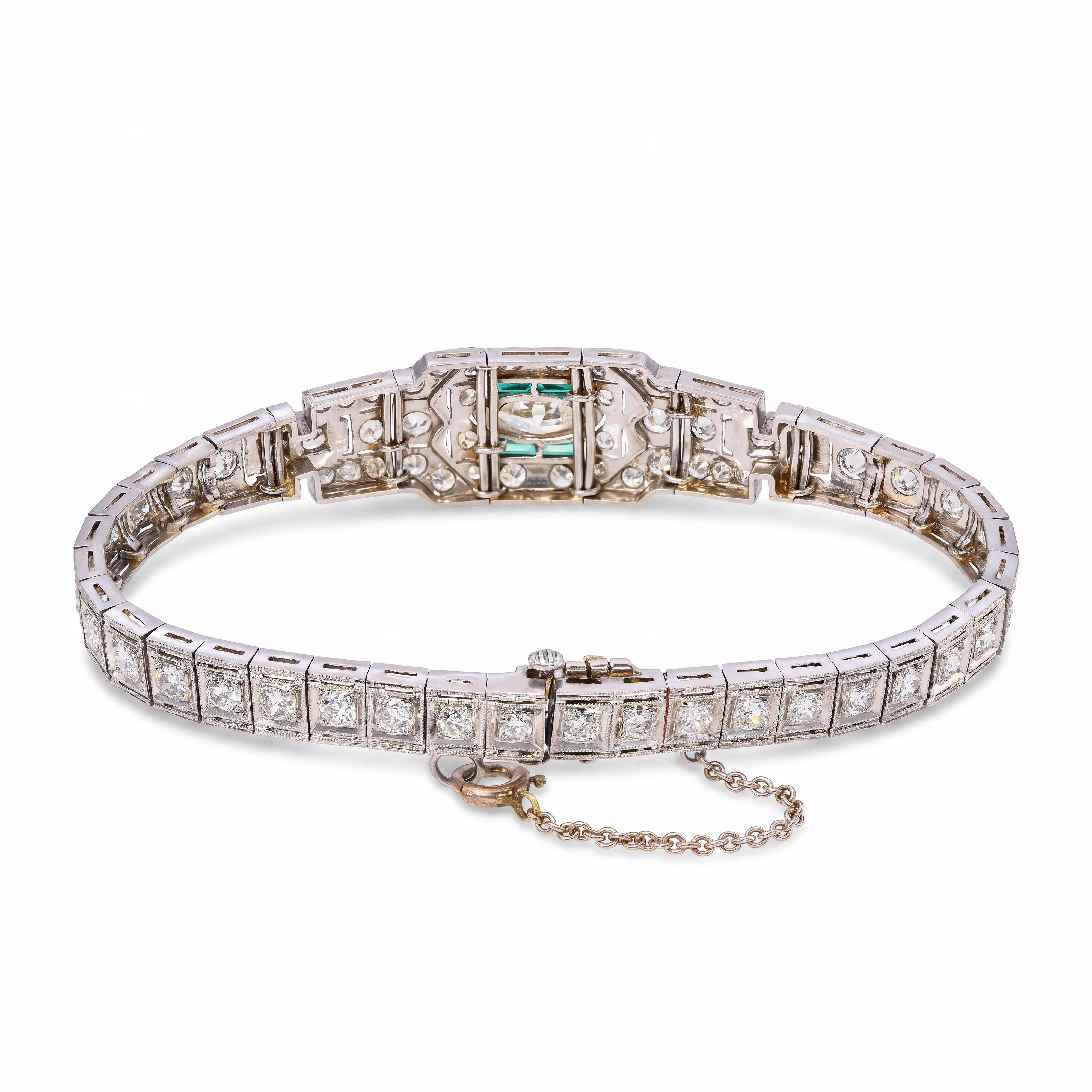 Art Deco Platinum 2.81tcw Diamond and Emerald Accent Link Bracelet