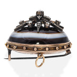 Victorian 10k Yellow Gold Banded Agate Diamond Starburst Mourning Brooch