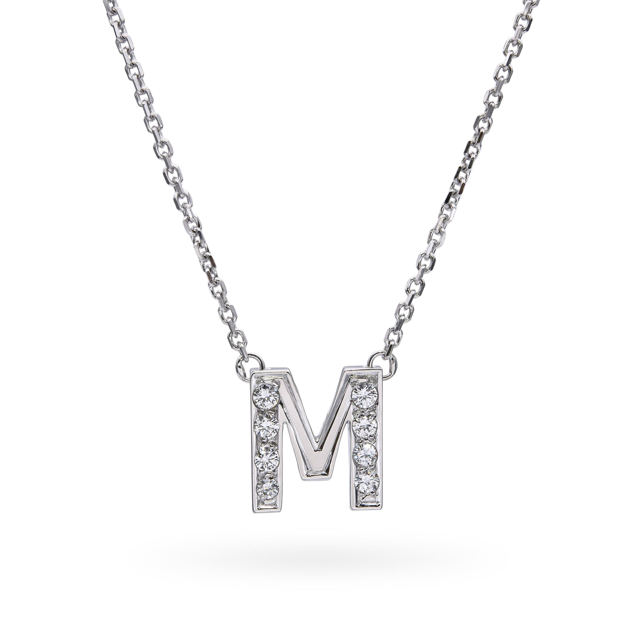 Vintage 14k White Gold Diamond M Initial Necklace