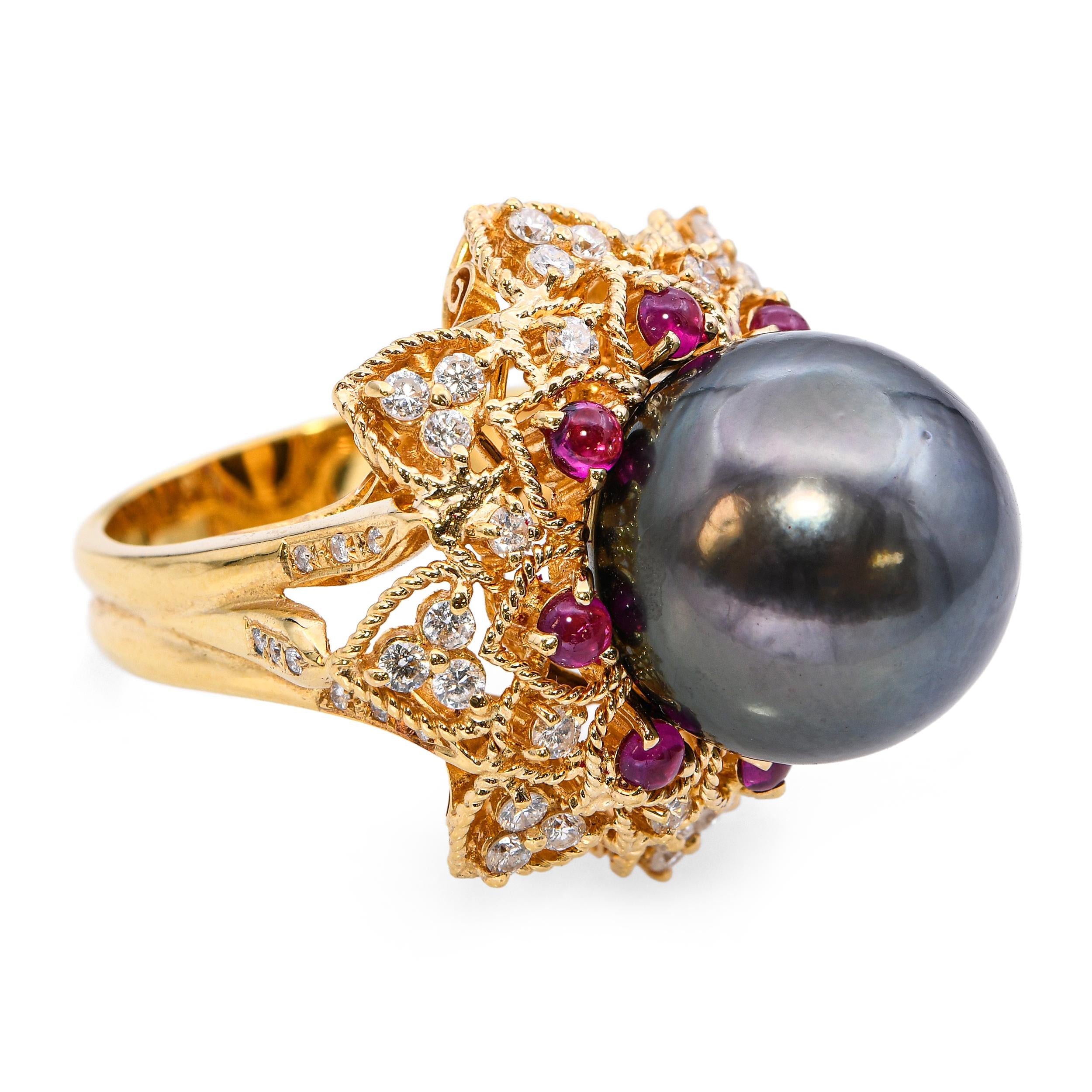 Vintage 18k Yellow Gold Tahitian Pearl Ruby and Diamond Ring
